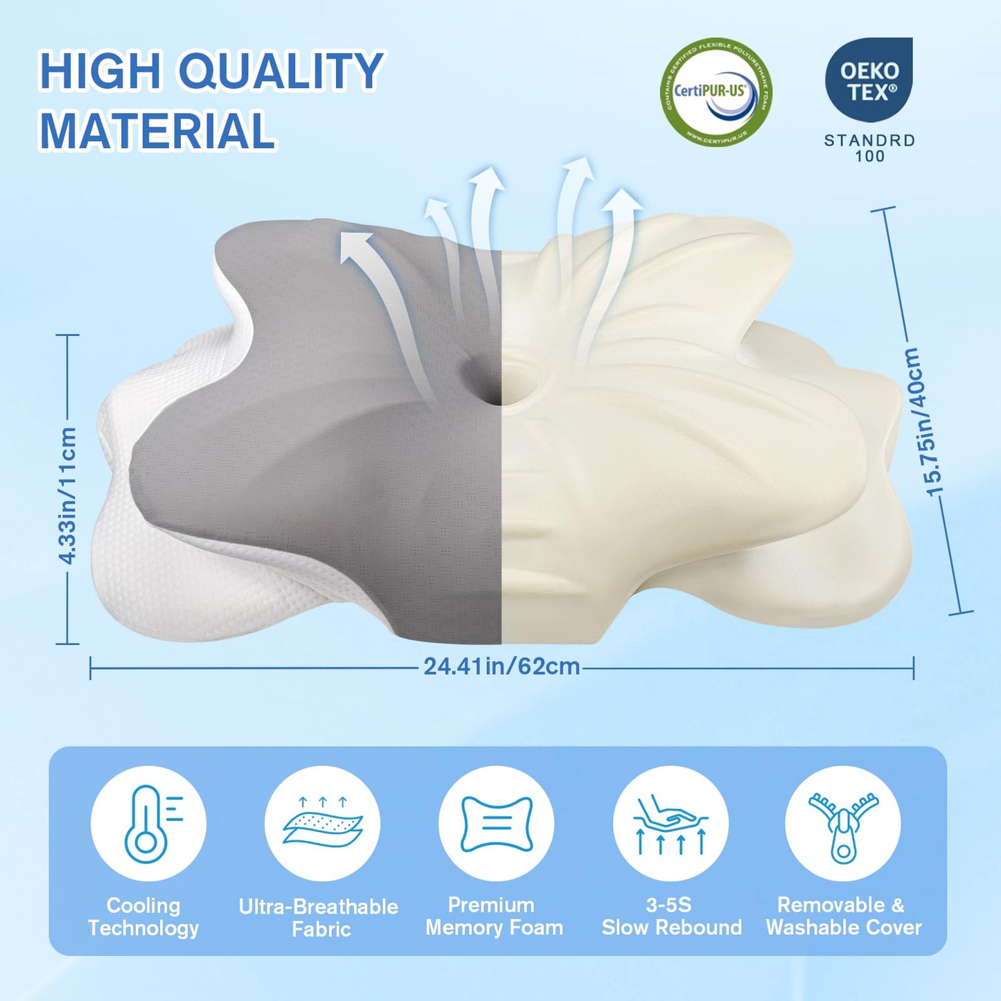 Uvellgift Cervical Neck Pillow, 2 Heights Neck Support Pillow for Neck Pain & Snoring Relief, Ergonomic Pillow for Side and Back Sleepers, Sleep Apnea Pillow with Breathable Ice Silk Cover (Grey)
