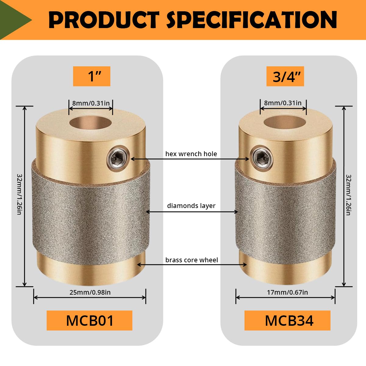1" 3/4" 1/4" 1/8" Diamond Grinding Bit MCB01 MCB34 MCB14 MCB18 Brass Core Abrasive Wheel Stained Glass Grinder Head Making Tool for Inland Gryphon Delphiglass Glastar Standard Parts (4 Sizes)