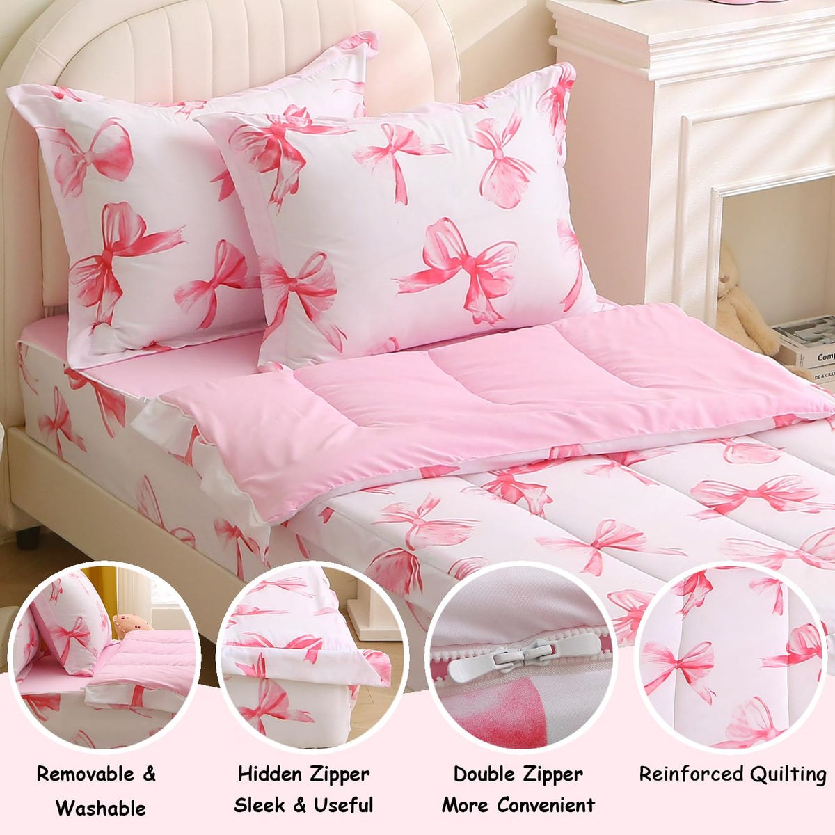 Bow Zipper Bedding Set Twin Size Zipit Bedding for Kids Girls Bow Zip Up Comforter & Sheets Pink Cute Bowknot Zip It Bed Set Children Bedroom Decor