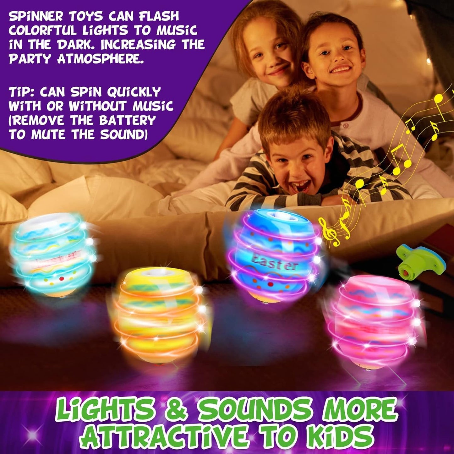 6 PCS Easter Eggs Toys Gifts for Kids, Light up & Singing Spinning Top with Flash, Easter Basket Stuffers, Plastic Easter Egg Hunt Party Favor Toy, Kids Goodie Bag Fillers, Gifts for 3+ Boys Girls