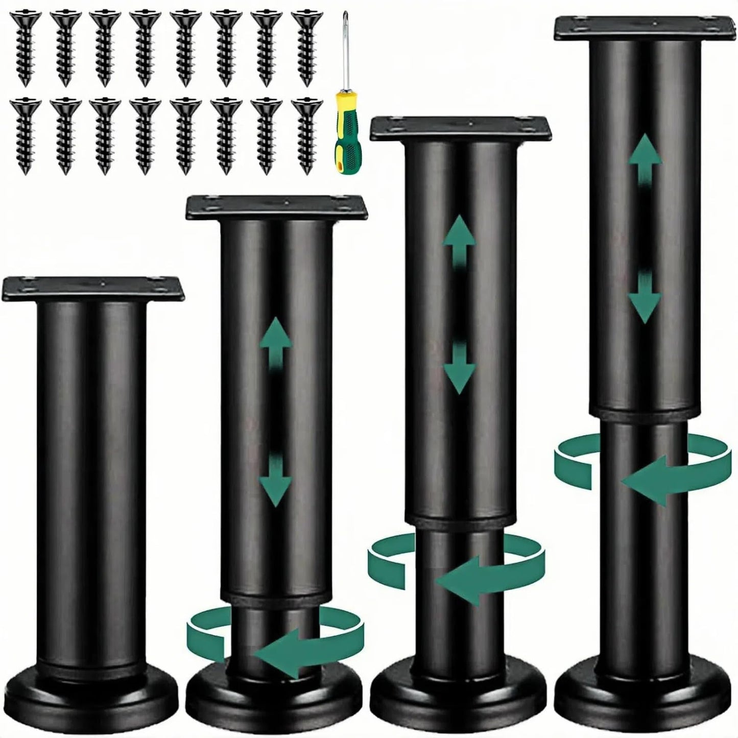 4Pcs Adjustable Height Bed Support Legs,Metal Furniture Legs7.08-12Inch,for Height Heavy Duty for Cabinet/Dresser/TV Stand/Sofa/Chair/Table Heavy Bed Replacement Legs (Black)