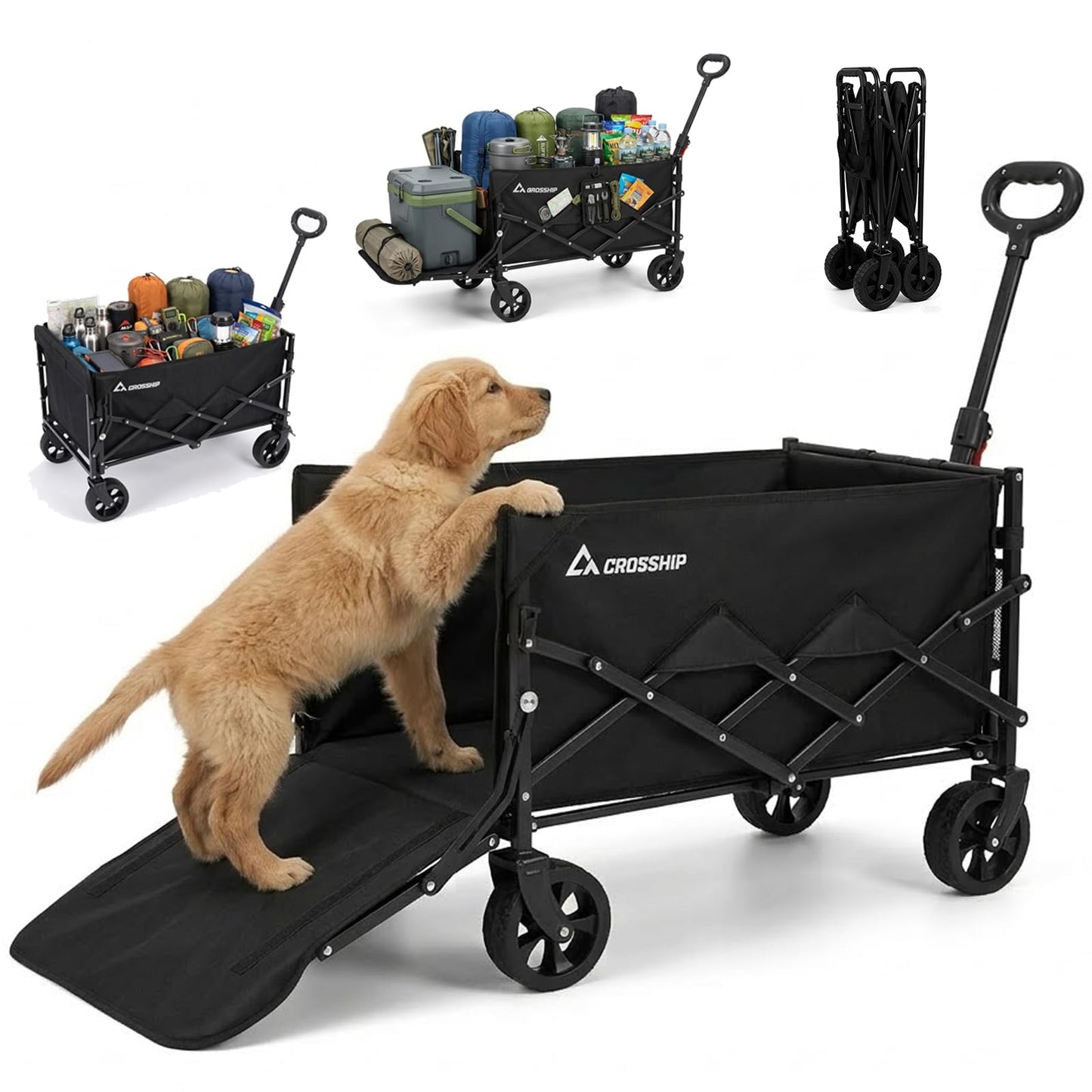 CROSSHIP Collapsible Pet Wagon Cart with Drop-Down Tailgate - Foldable Wagon Carts 150L & 330LBS Folding Wagons, All-Terrain Wheels Utility Wagon for Camping with 1 Medium Dog or 2 Small Puppies
