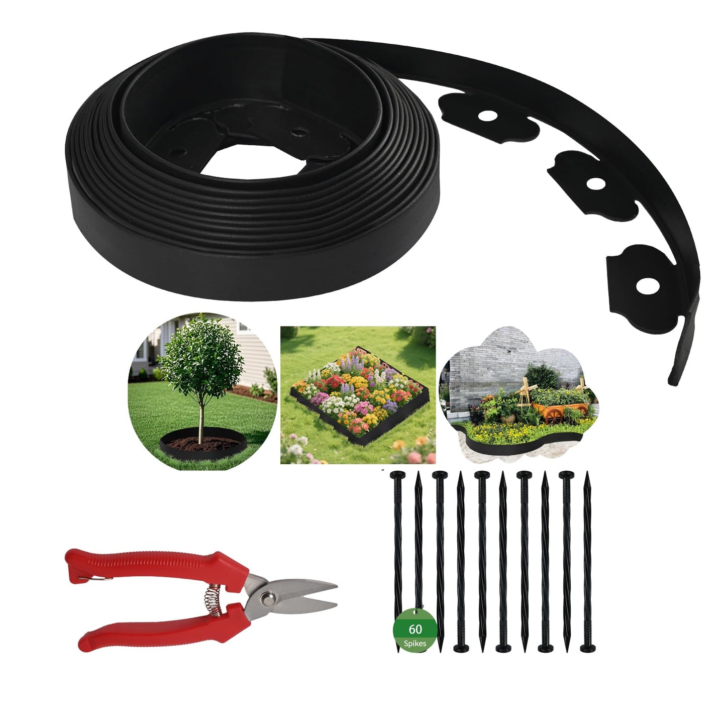 KBJALQ Landscape Edging 2 Inch Tall with Spiral Nylon Anchoring Spikes and Scissors,Plastic Garden Edging Border for DIY Garden,Grass,Lawn Edging,Yard (60 FT)