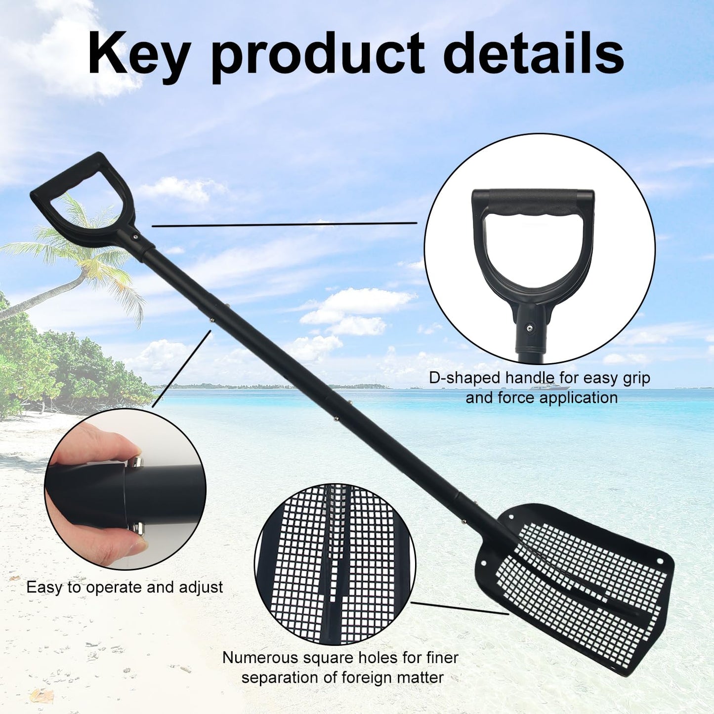 Sand Sifting Shovel, Detachable Beach Sifter Scooper Coop Scoop with Adjustable Length Heavy Duty Sand Sifting Tool for Fun Farm Chicken House Goat Shed Cleaning