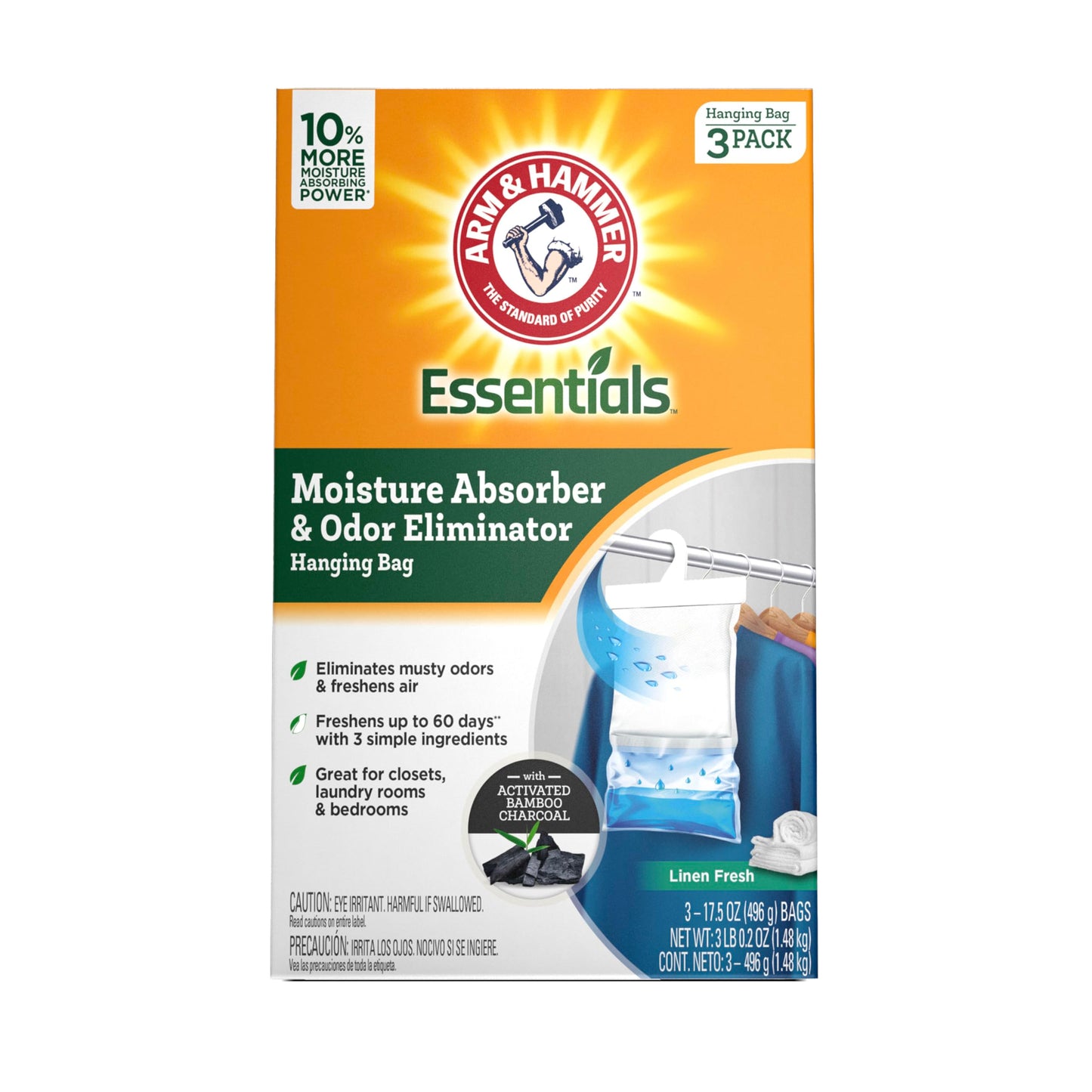 Arm & Hammer Essentials Hanging Moisture Absorber and Odor Eliminator, 17.5 oz., 3 Pack, Linen Fresh, Moisture Absorbers for Closets, Laundry Rooms and Bedrooms, Long-Lasting Freshness