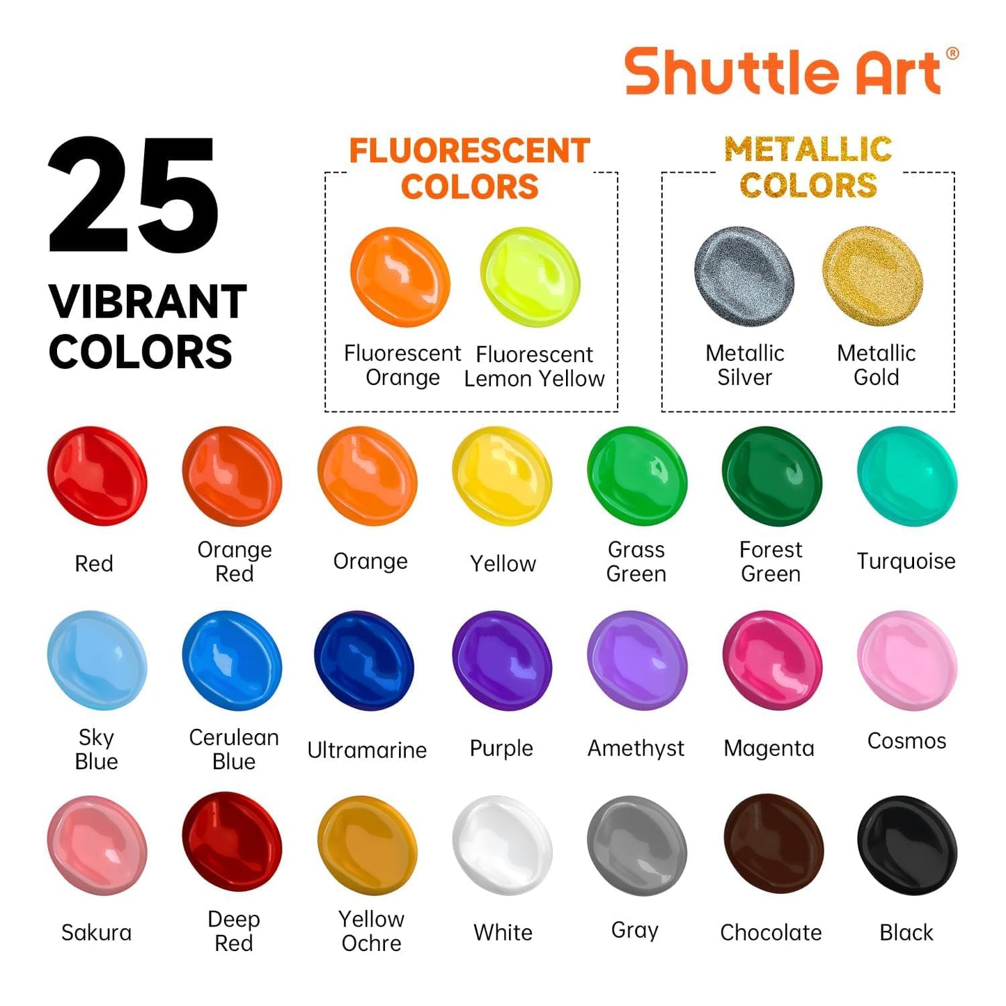 Shuttle Art Acrylic Paint, 25 Colors Acrylic Paint Set, 2oz/60ml Bottles, Rich Pigmented, Waterproof, Premium Acrylic Paints for Artists, Beginners and Kids on Canvas Rocks Wood Ceramic Fabric