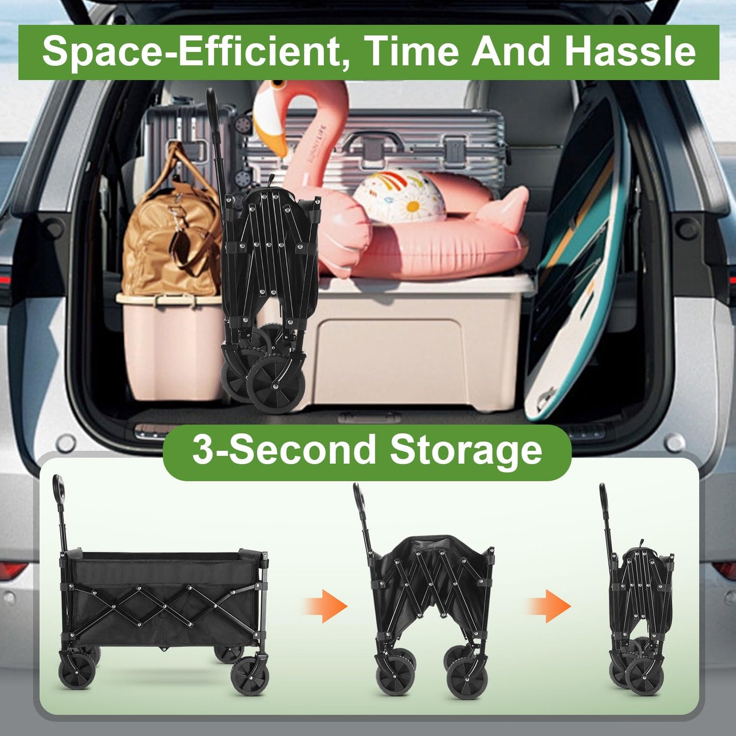 cjc 220LBS Folding Wagon Cart, Heavy-Duty Wagon Carts Foldable with 360° All Terrain Wheels, Large Capacity Outdoor Utility Collapsible Wagon for Camping Grocery Beach Garden 27.5" x 16.9" x 35.4"