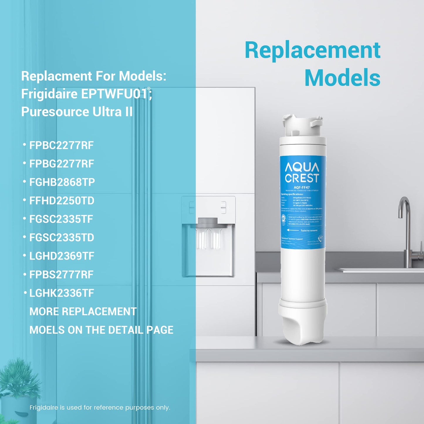 AQUACREST Refrigerator Water Filter Replacement for Frigidaire EPTWFU01® Pure Source Ultra II, FPBC2277RF, FPBG2277RF, FGHB2868TP, FFHD2250TD, FGSC2335TF, 3 Filters (Package May Vary)