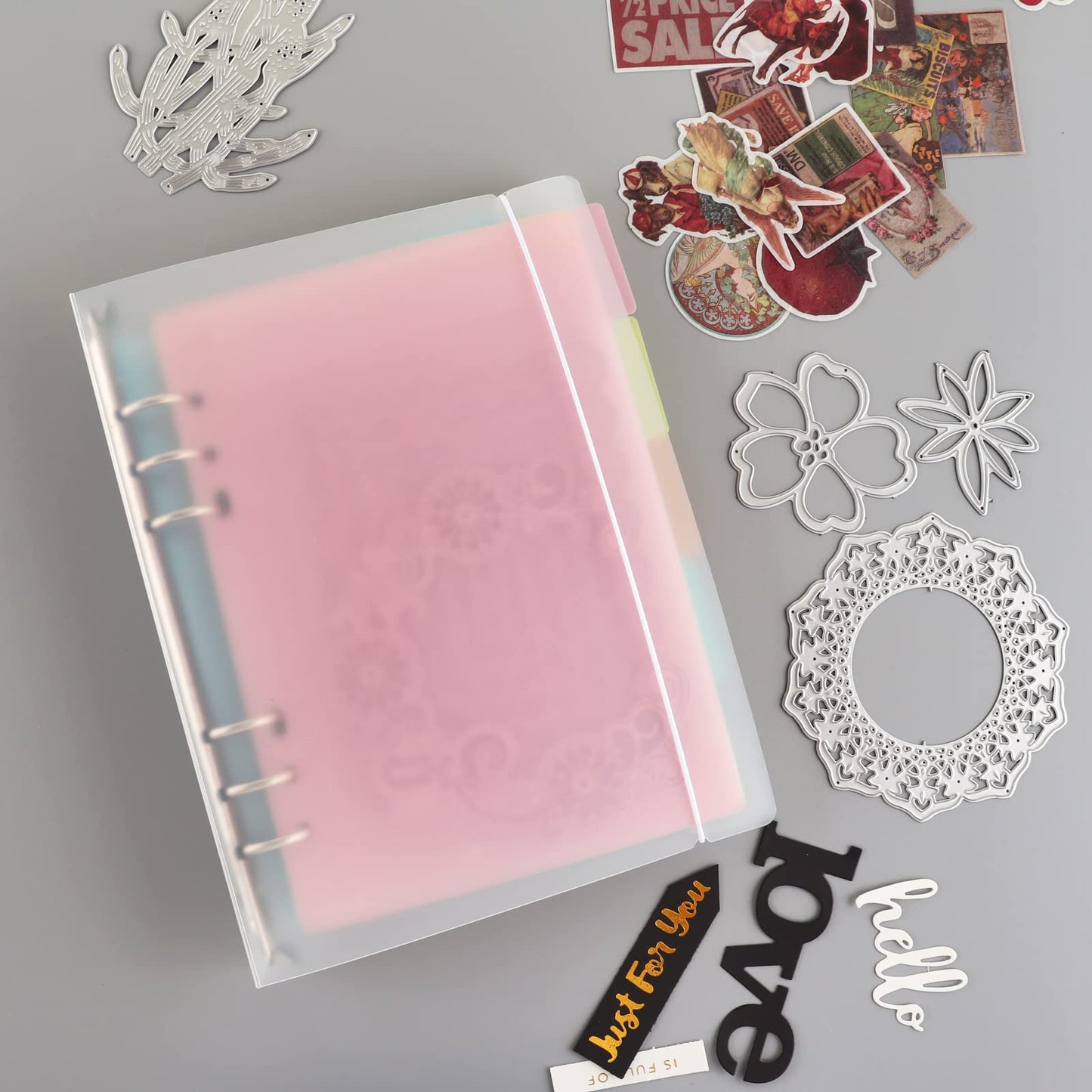5PCS A5 6 Ring Binder Cover Clean Transparent Soft PVC with Matching Rubber Band for Refillable Notebook Shell with Matte Surface for Stamp & Die Storage（9x6.9inch /23x17.5cm）