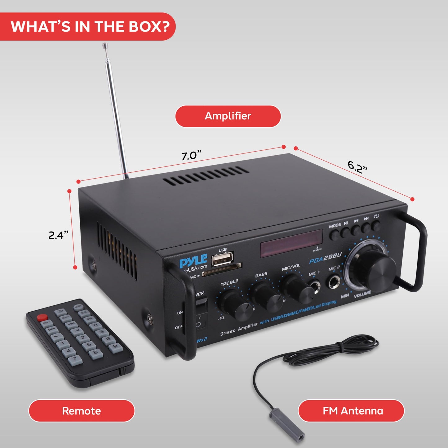 Pyle Wireless Bluetooth Stereo Power Amplifier - 200W Dual Channel Sound Audio Stereo Receiver System w/RCA, USB, SD, MIC in, FM Radio, for Home Theater Entertainment via RCA, Studio Use - PDA29BU