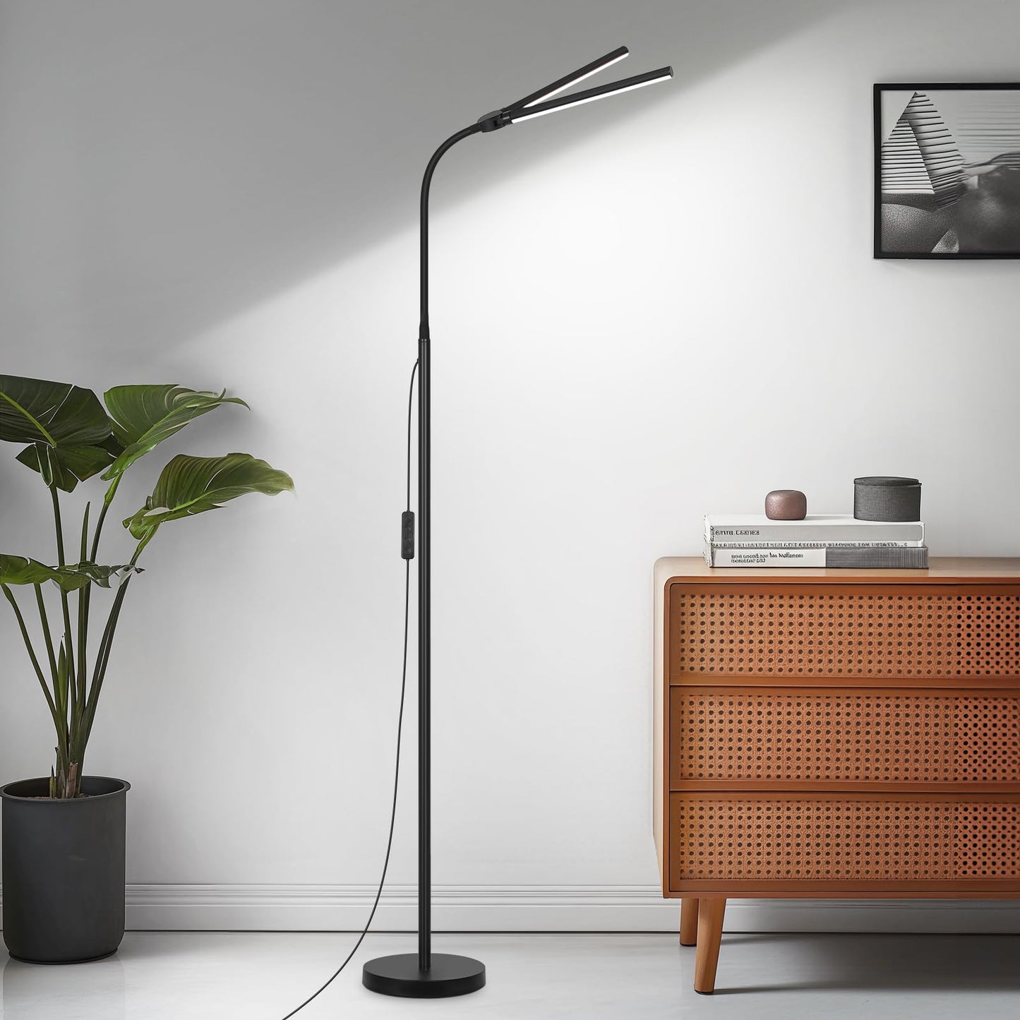 LED Floor Lamp, 18W/2000LM Bright Floor Lamps for Living Room, Dimmable Eye Caring Reading Light with Double Head, Adjustable Gooseneck Modern Standing Office Lamp for Lash Extension Craft Tatoo