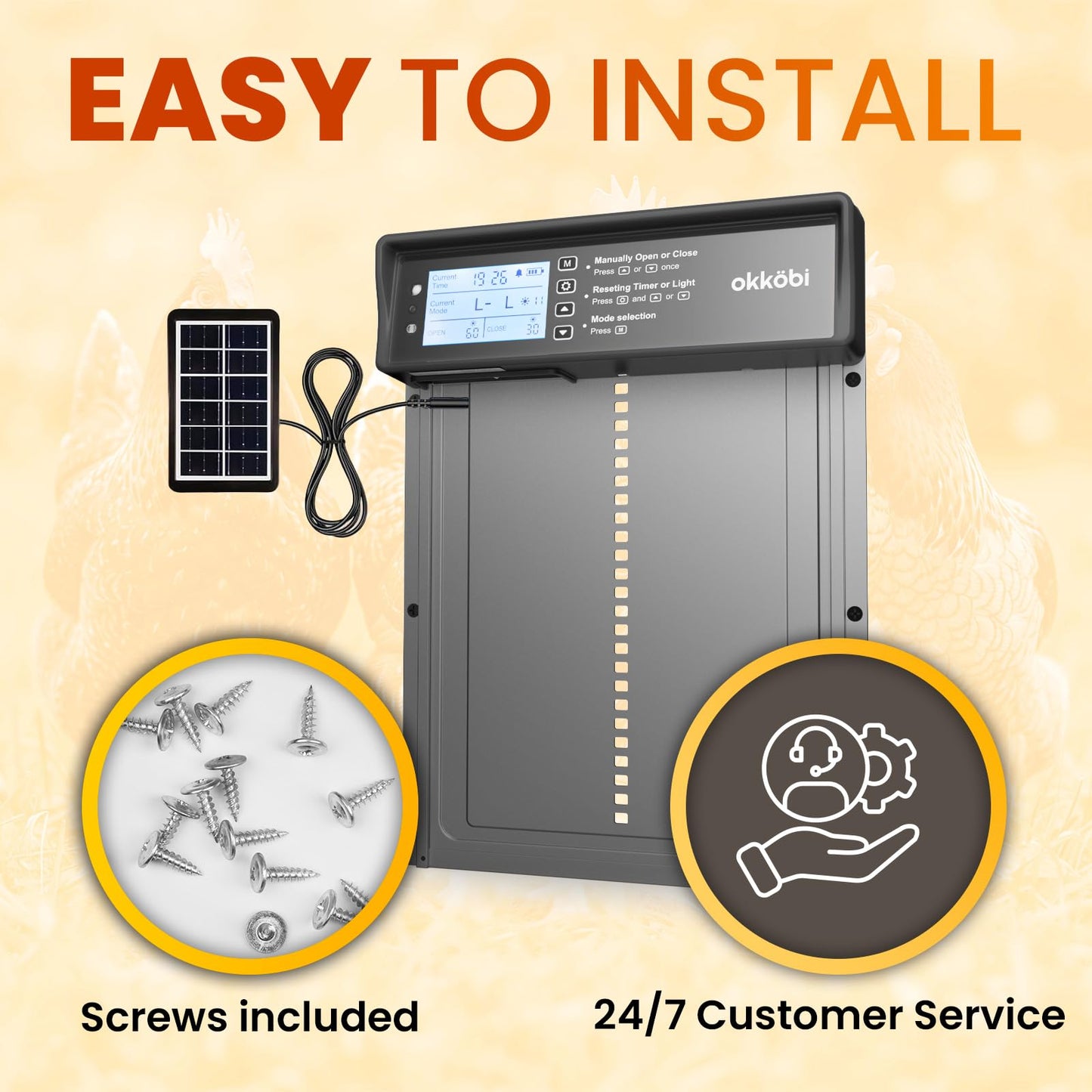 Okkobi Automatic Chicken Coop Door Solar Powered - LCD Display - Chicken Coop Door with Remote Control, Light Sensor & Timer - Security & Peace of Mind: Anti-Pinch Function - 5-Year Protection - Grey