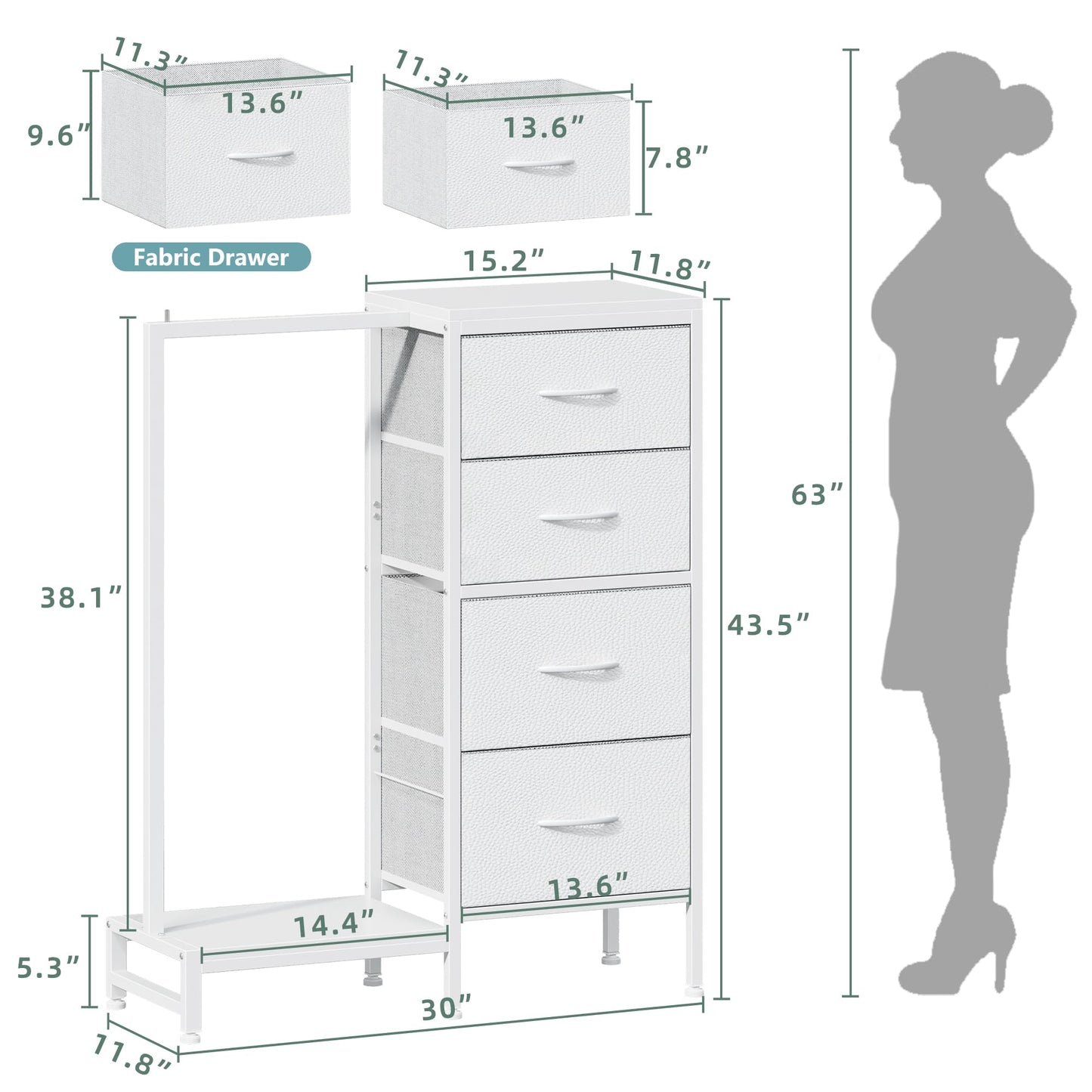 HIGDBFE Dresser with Hanging Rack, 4 Drawers Small Closet for Bedroom, Reversible Fabric Chest of Drawers with Clothes Rack, Tall Storage Tower, Sturdy Frame, White, 43.5''H