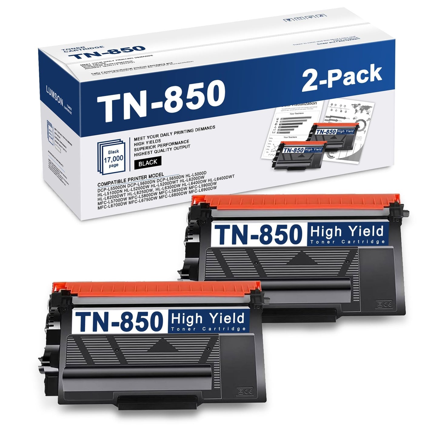 TN 850 TN850 Toner Cartridge 2 Pack High Yield Replacement for Brother TN820 TN 820 TN-850 TN-820 HL-L5200DW HL-L6200DW MFC-L5700DW MFC-L5800DW MFC-L5850DW MFC-L5900DW MFC-L6800DW Printer Ink，Black