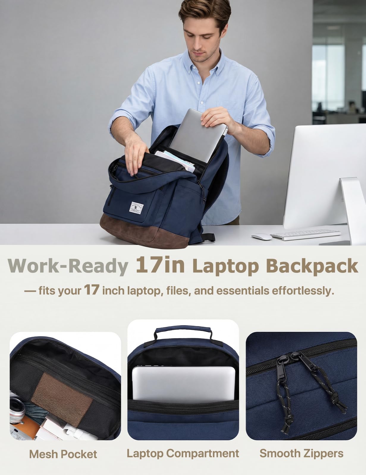 School Backpack for Men Women,VONXURY Classic 17inch Book Bag for Teens College Water-Resistant Lightweight Schoolbag for Work Travel