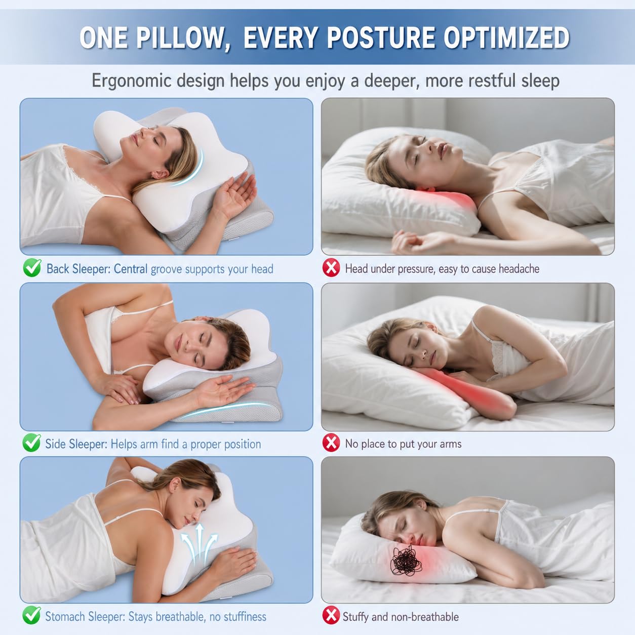 Cervical Neck Pillow for Pain Relief, Memory Foam Orthopedic Contour Pillow for Side Back & Stomach Sleepers, Adjustable Ergonomic Neck Support Pillow with Breathable Pillowcase