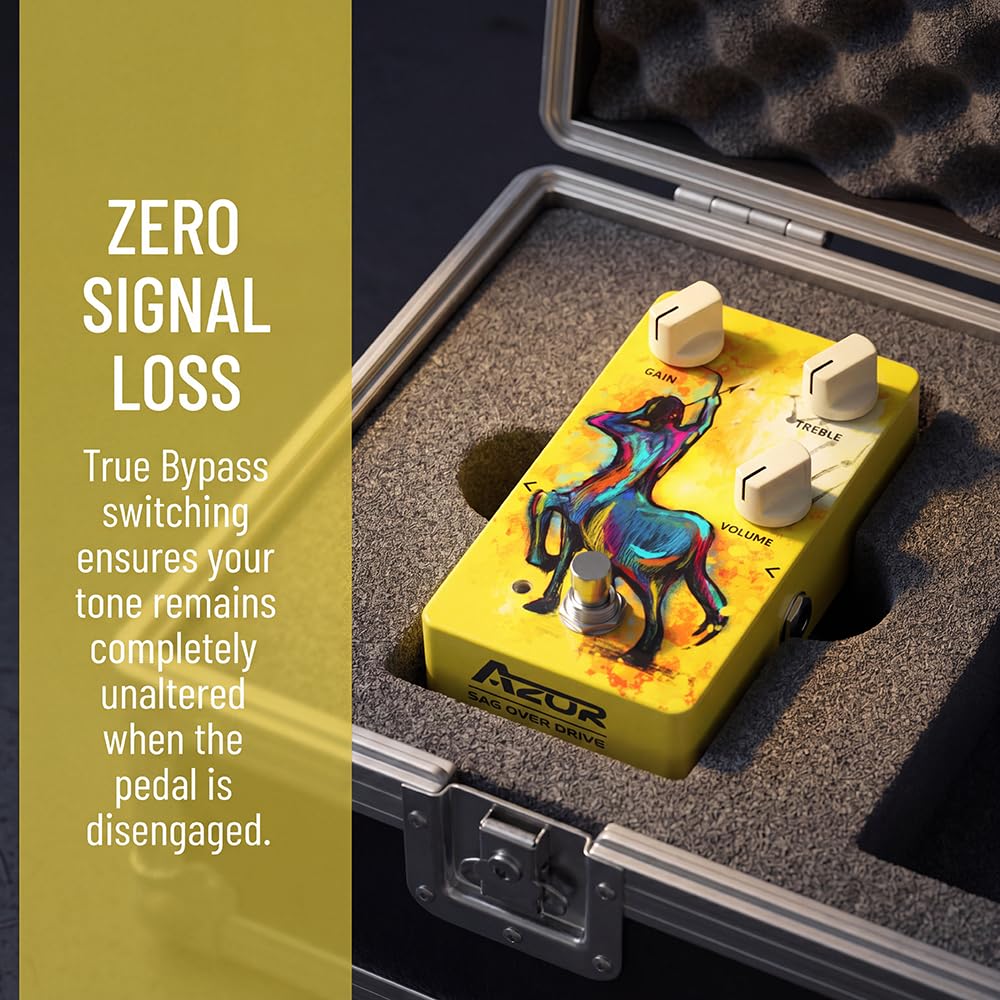 AZOR SAG Overdrive Analog Guitar Effect Pedal - True Bypass with Tilt-Angle Footswitch, High Gain for Electric Guitar, 3-Knob Control (GAIN/VOLUME/TONE), DC9V Powered, Low Noise
