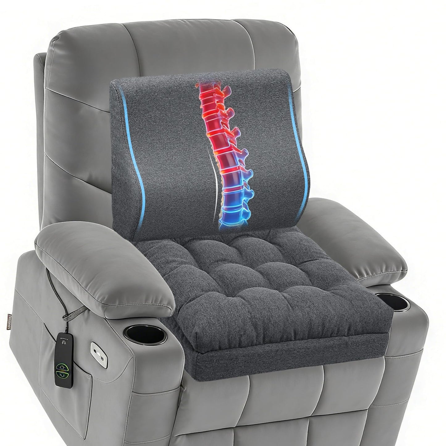 baibu Large Memory Foam Recliner Cushions with Lumbar Support Pillow for Elderly, 20x20x5 Inch Thick Dual-Layer Patent Design Non-Slip Recliner Seat Cushion for Reduce Hip & Lumbar Pain, Dark Grey