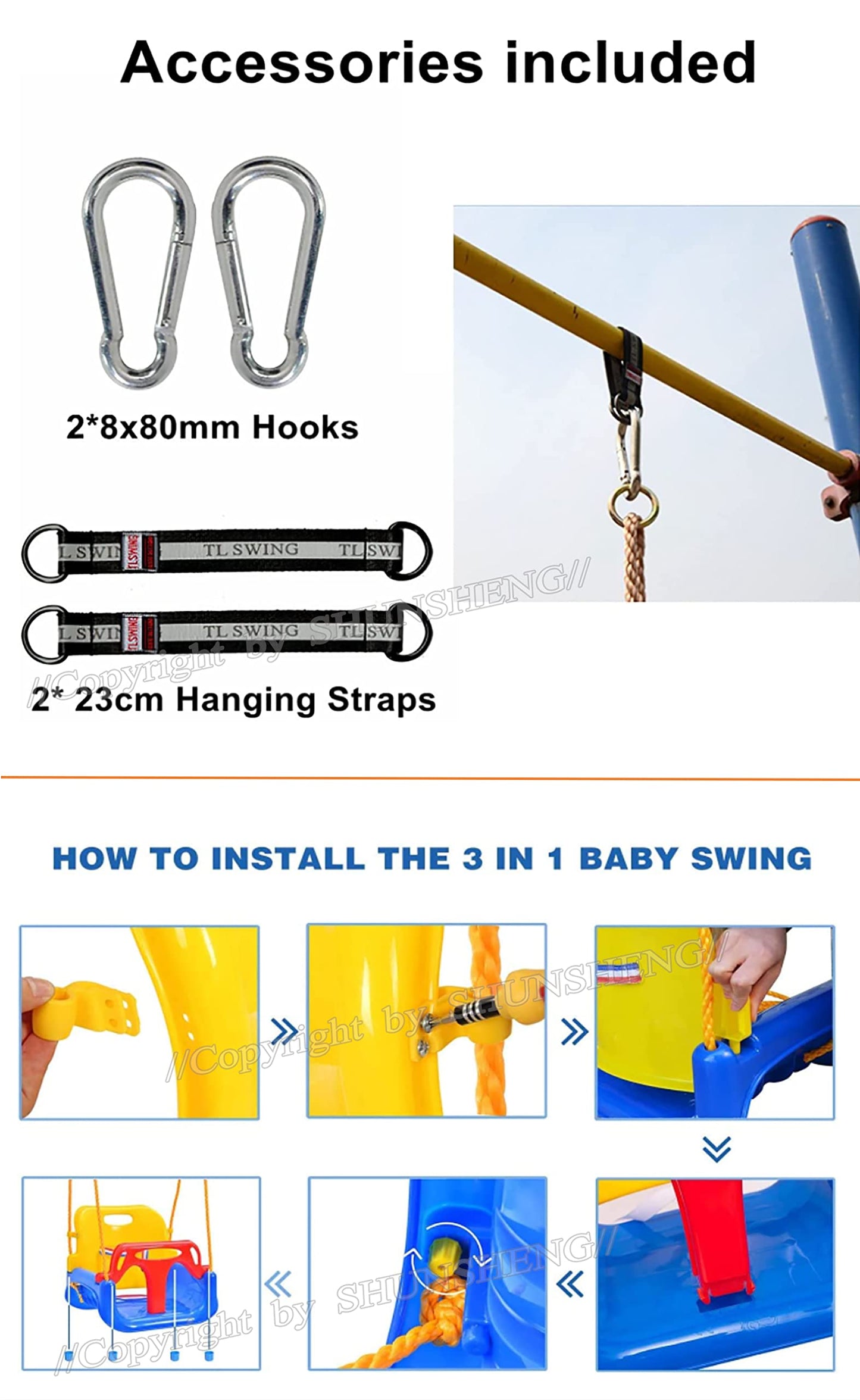 3-in-1 Swing Set for Kids,Hanging Swing Anti-Flip Snug & Secure Detachable Children to Teens Swing Easy Assembly & Store for Outdoor Playground(Blue)