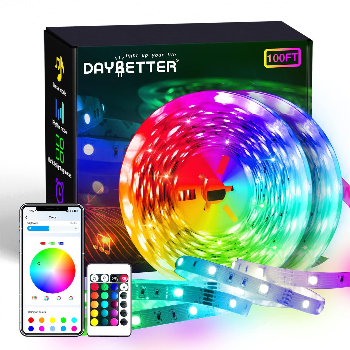 DAYBETTER 100ft Led Strip Lights for Bedroom with App Control Remote, 5050 RGB Led Lights for Bedroom, Music Sync Color Changing Strips for Room Party (2 Rolls of 50ft)