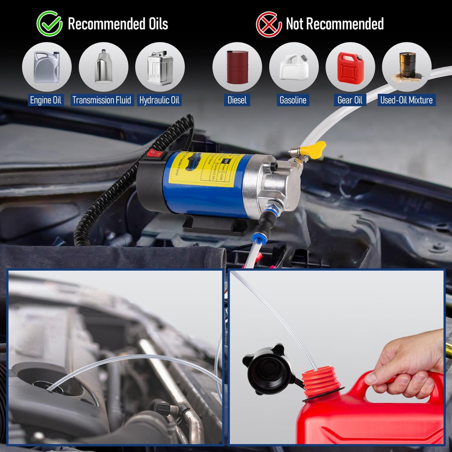Oil Extractor Pump 12V 100W, Ultra-Quiet Fluid Transfer Pump for Engine Oil, Transmission Fluid, Gear Oil Change - Self-Priming Oil Change Pump for Car, Boat, Motorcycle, Mower, RV (3 Hoses+Adapters)
