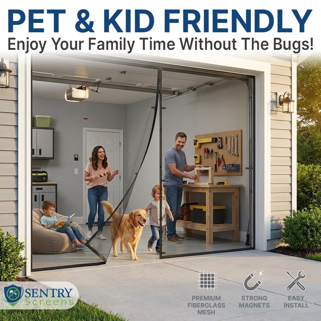 Magnetic Garage Door Screen 1 Car – 7’h x 10’w Ultra-Durable 60g Fiberglass Mesh – Strong High-Energy Magnets – Weighted Bottom – Full-Frame Adhesive Tape – by Sentry Screens
