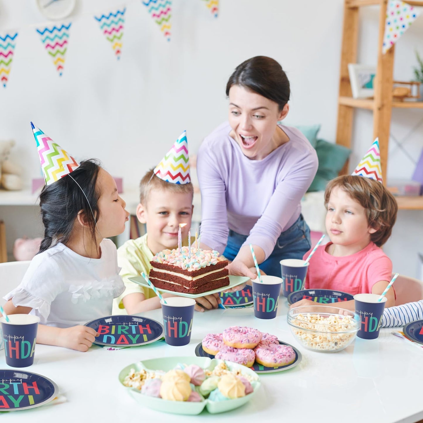 UVTQSSP 96 Pcs Party Plates and Cups and Napkins Sets, Birthday Paper Plates and Napkins, Disposable Tableware Set, Party Supplies for Kids Happy Birthday, Serve for 24, Blue Colorful Design
