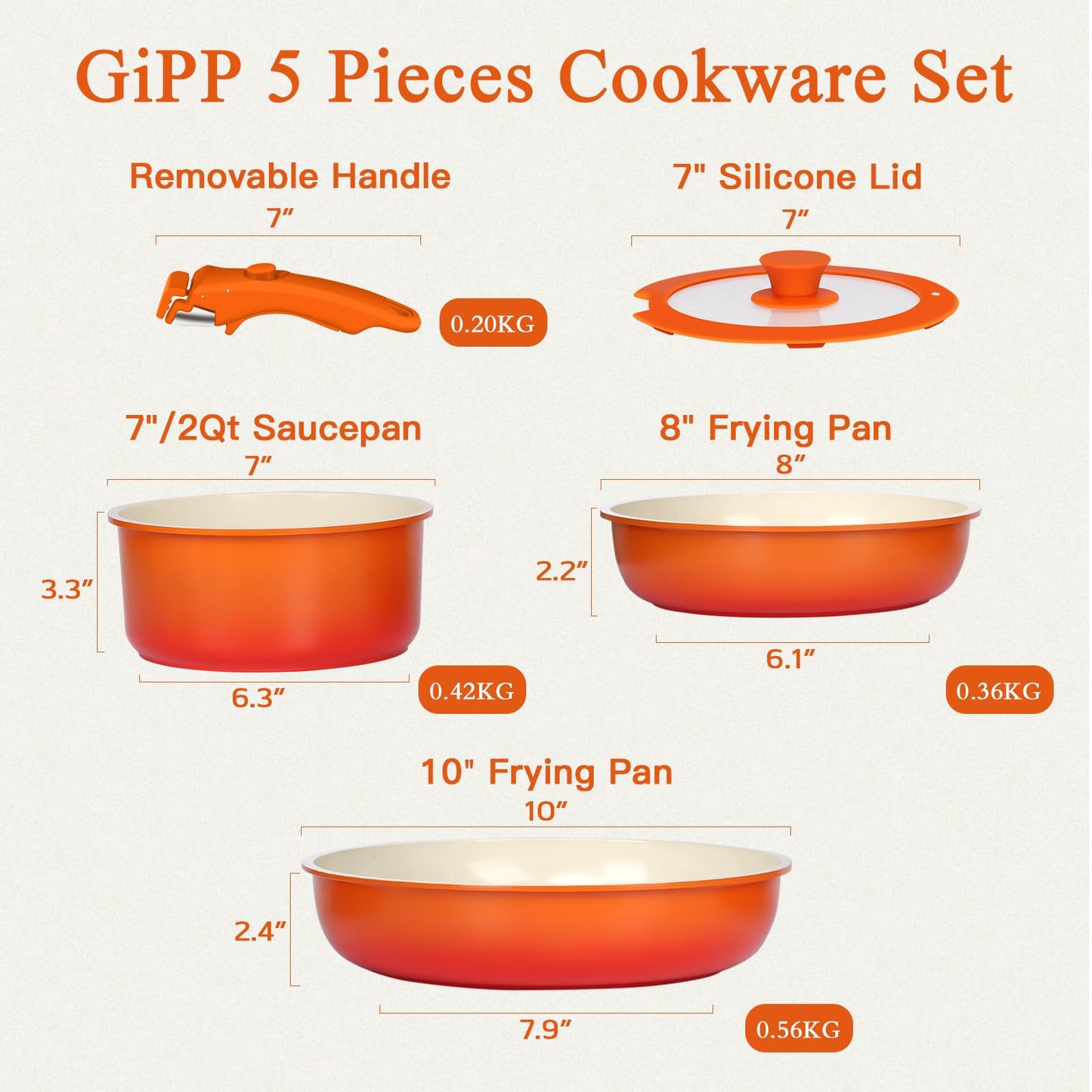 GIPP 5pcs Pots and Pans Set Non Stick, Nonstick Cookware Set Detachable Handle,Ceramic Pots for Cooking Non Stick with Removable Handle, RV Cookware Set, Orange Gradient