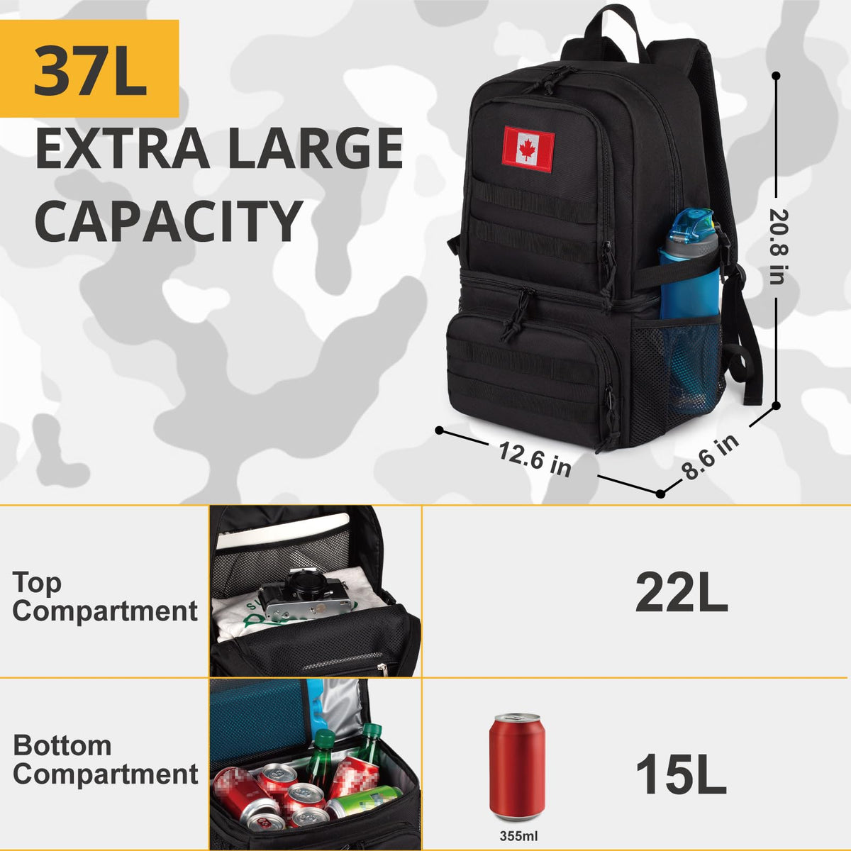 Tactical Double Deck Cooler Backpack for Men,Large Lunch Backpack with 2 Compartment,Soft Cooler Bag (Black, X-Large)