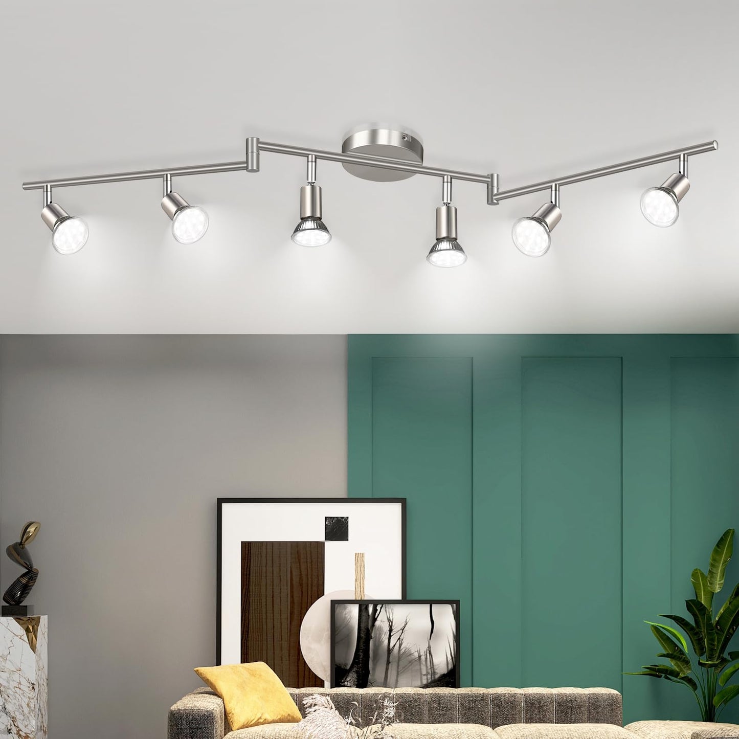 Unicozin 6 Light Track Lighting Kit, Matt Nickel LED Track Light with Flexibly Rotatable Light Head, Foldable Ceiling Spot Light Included LED GU10 Bulbs (4W, 400LM, Daylight White 5000K)