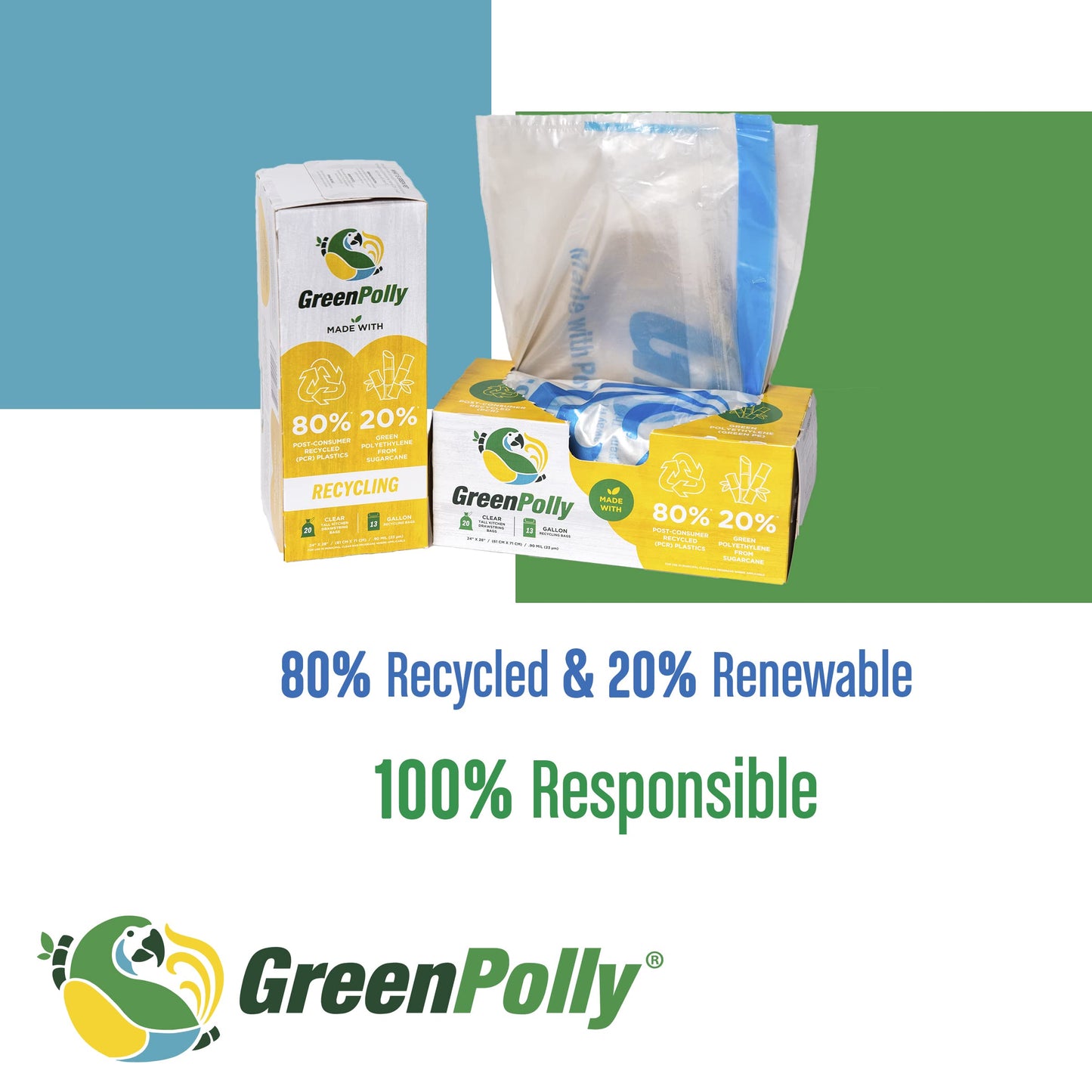 GreenPolly Clear Recycling Bags, 13 Gallon, 240 Count