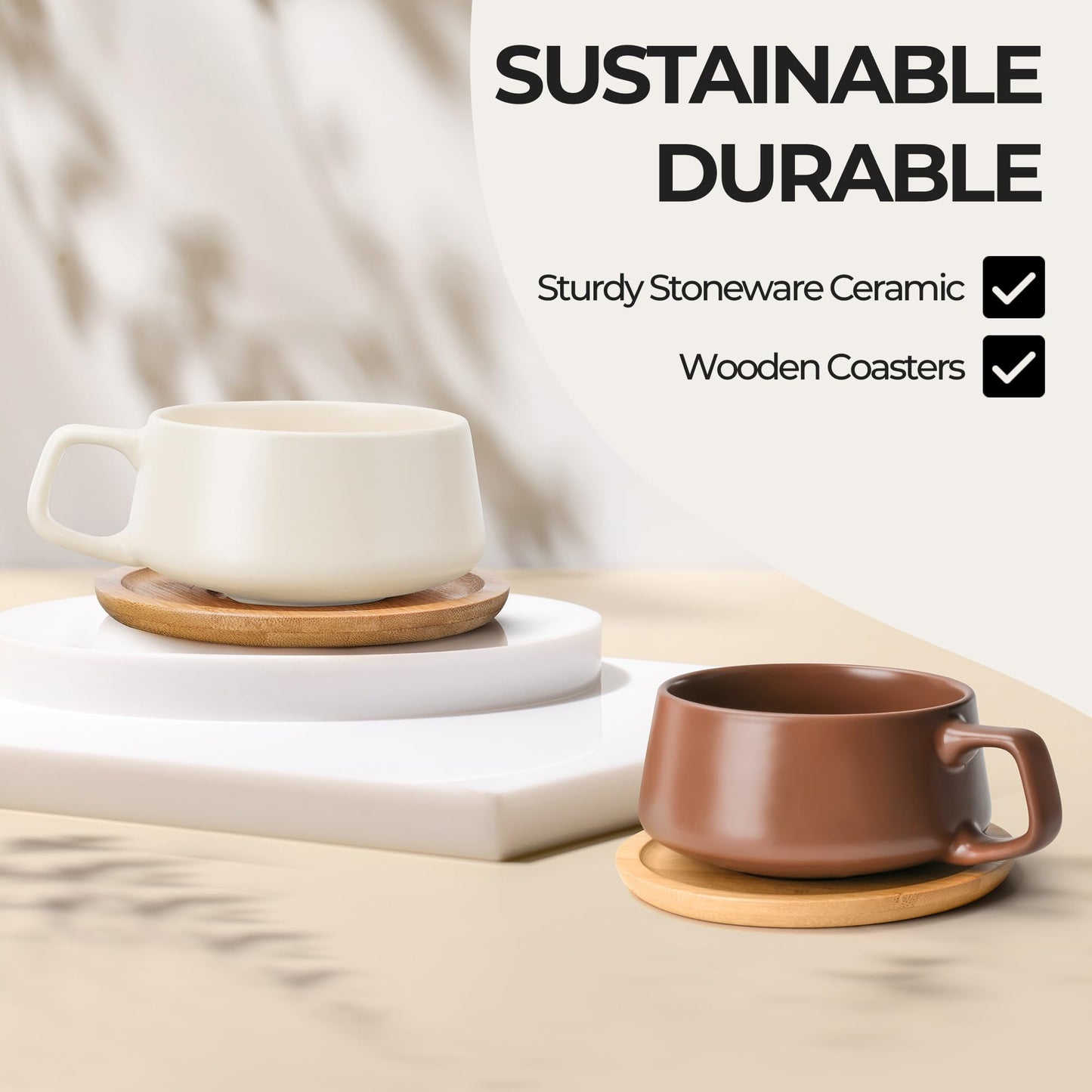 MIAMIO – 320 ml., Set of 4 Ceramic Tea Cup and Saucer Bamboo/Tea Mug - Wide Cappuccino Cup, Coffee Cups Ceramic Mug for Cappuccino, Latte, Espresso & Americano - Luxe Collection (Beige Pastel)