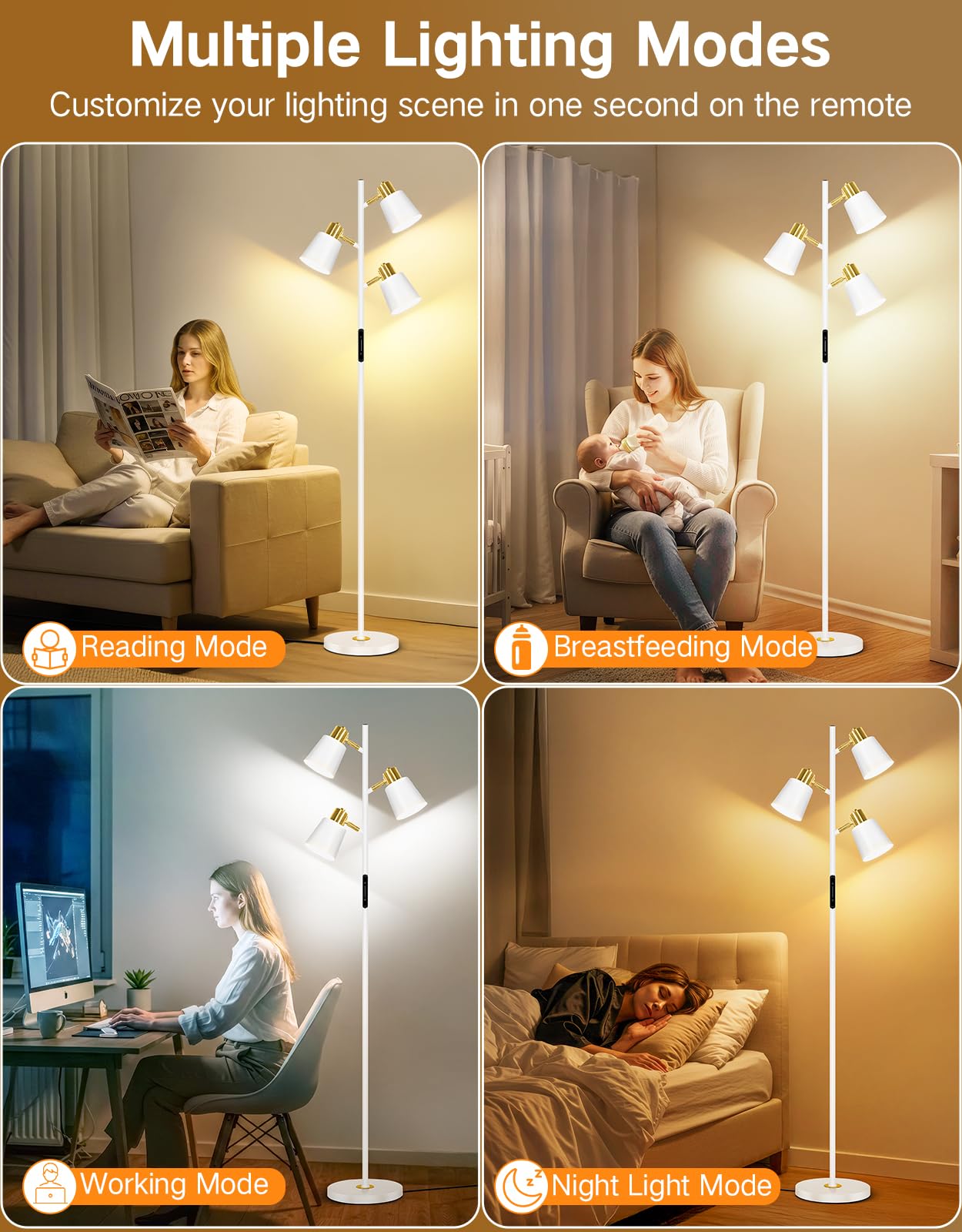 OUTON Tree Floor Lamp, LED Dimmable Floor Lamp with Remote And Touch Slide Control, 4 Color Temperatures, 3 Rotatable Lights, Modern Standing Lamp for Living Room Bedroom Office, Bulbs Included, White