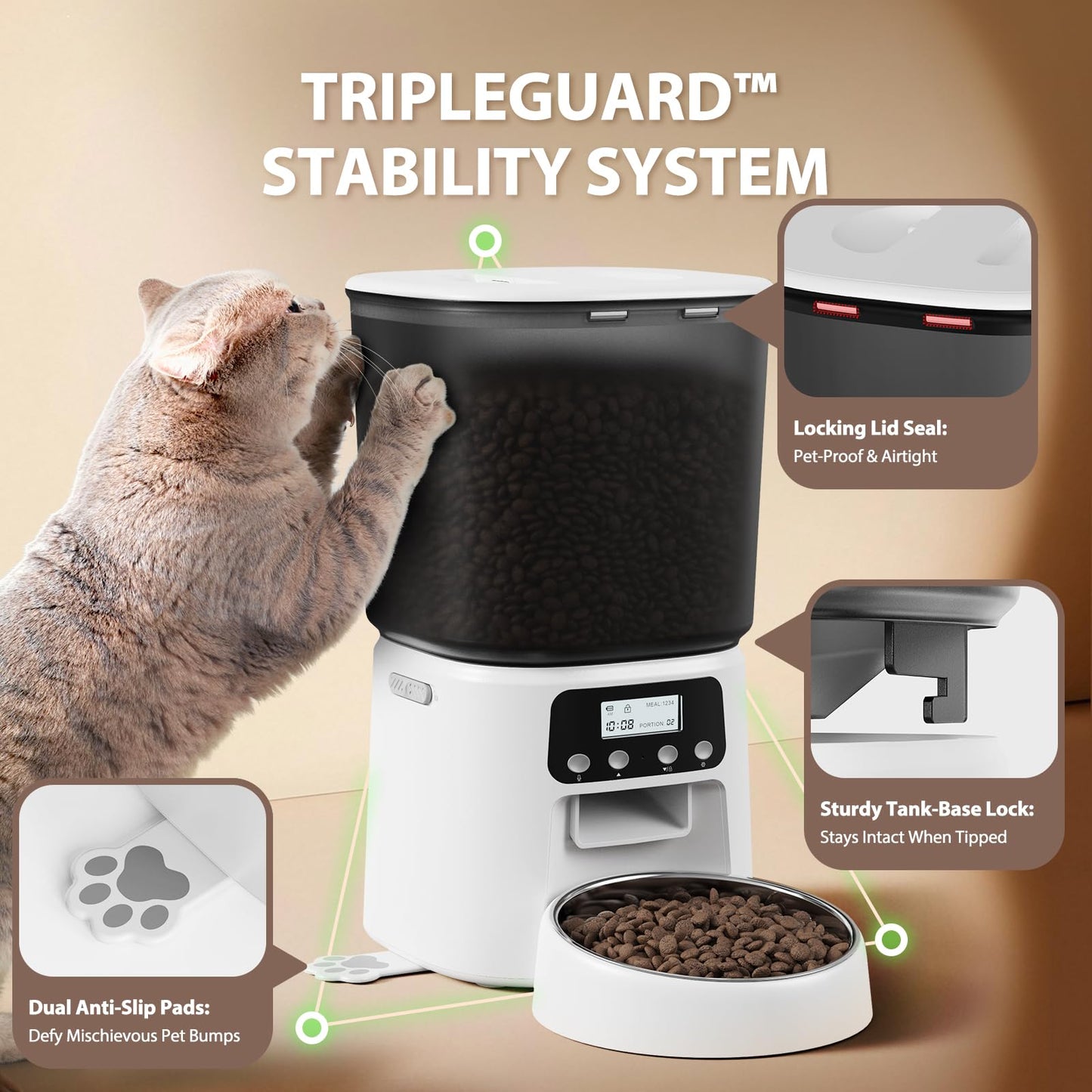 Automatic Cat Feeder, 4L Timed Cat Dry Food Dispenser, Pet Feeder up to 6 Meals and 30 Portions per Day, 10S Voice Record, Dual Power Supply, Non-Slip Base, Auto Pet Feeder for Cats and Small Dogs