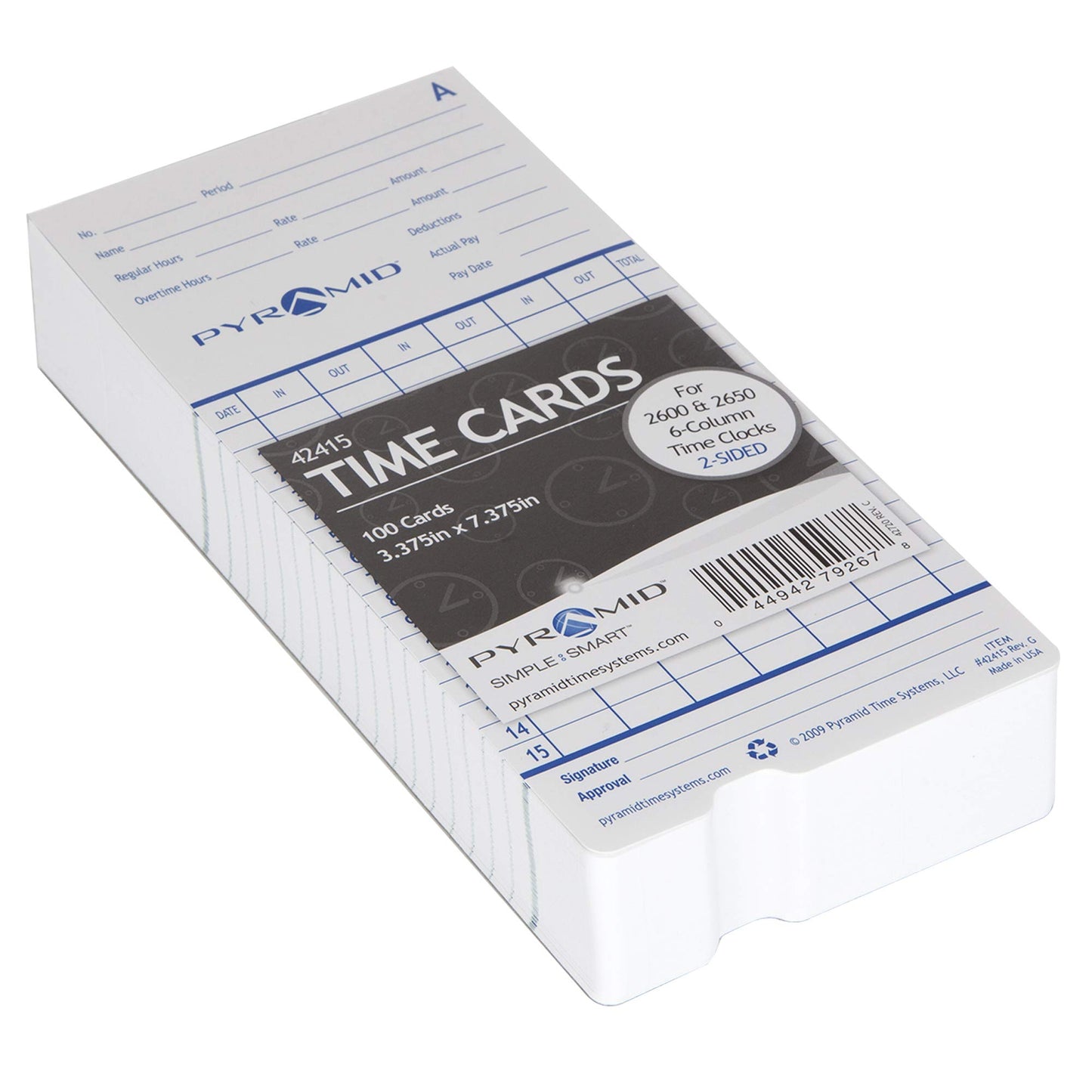 Pyramid Time Systems - Genuine and Authentic Time Cards (42415) for Pyramid Models 2500, 2500K1, 2600 and 2650 Auto Aligning Time Clocks, Double Sided Time Sheets (3.38 x 7.44 in) - 100 Time Cards