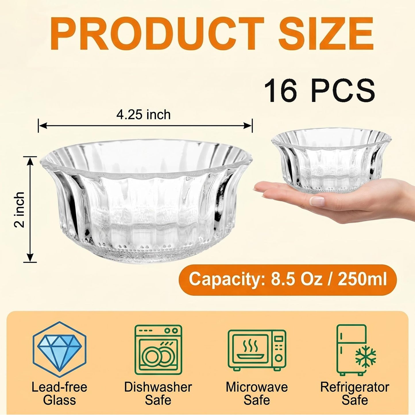 Frcctre 16 Pack 4 Inch Glass Bowls, 8.5 Oz Small Glass Prep Bowls Dessert Candy Bowl Serving Bowl for Kitchen Prep, Dessert, Dips, Candy, Nuts, Snack - Dishwasher Safe