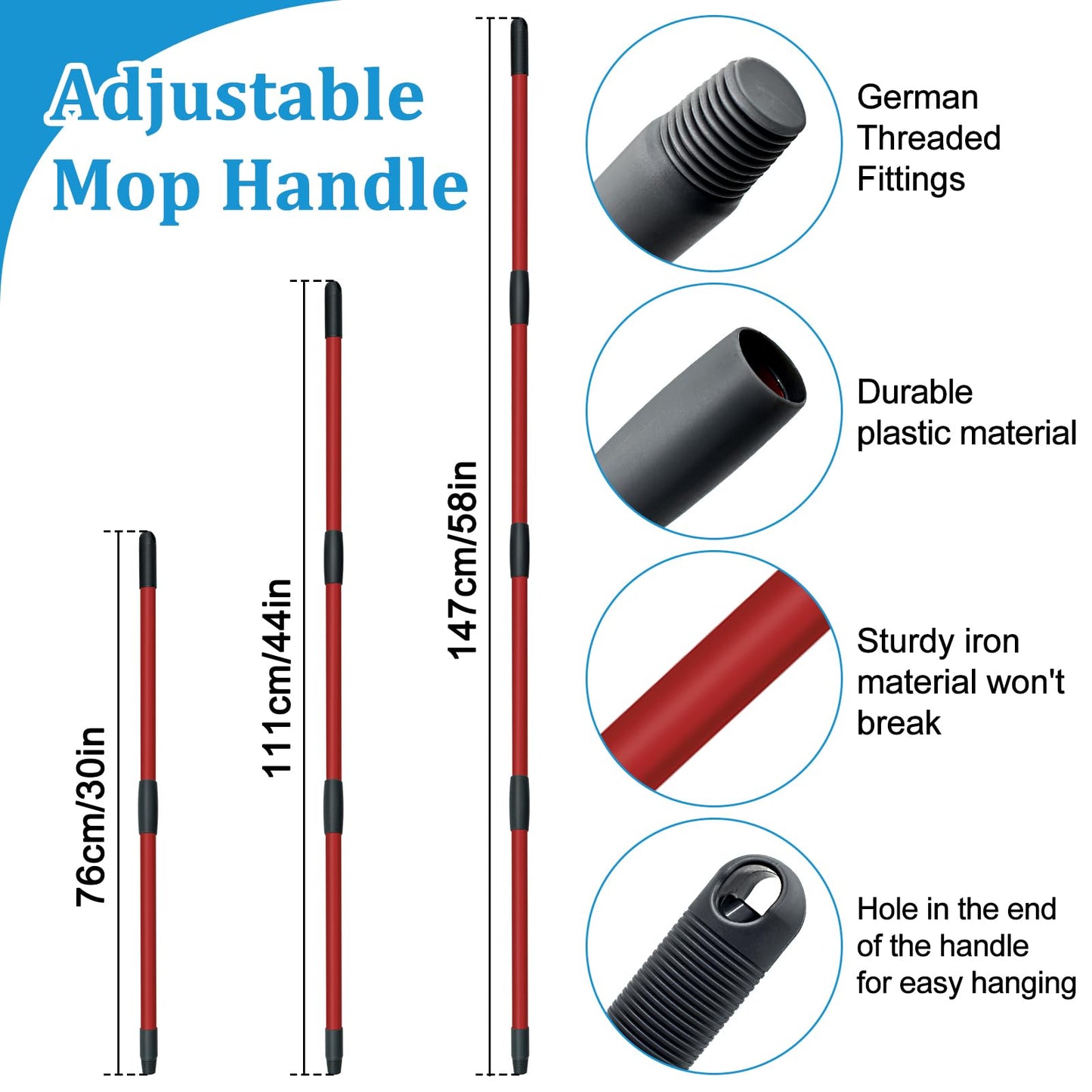 Spin Mop Handle, Mop Heads Replacements, Scrubber Head and Base Compatible with Vileda RinseClean Spin Mops & Bucket 2-Tank System, Mopping Stick and Head Replacement for Wet Dry Use Floor Cleaning