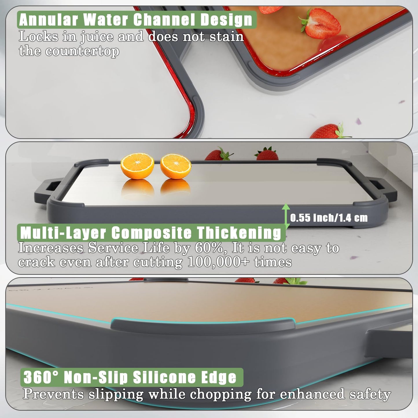 GUANCI Titanium Cutting Board for Kitchen Double Sided Chopping Board Food-Grade Pure Titanium/Wood Fiber Composite with Juice Groove Dishwasher Safe for Meat/Vegetables/Fruit 16" L x 11" W