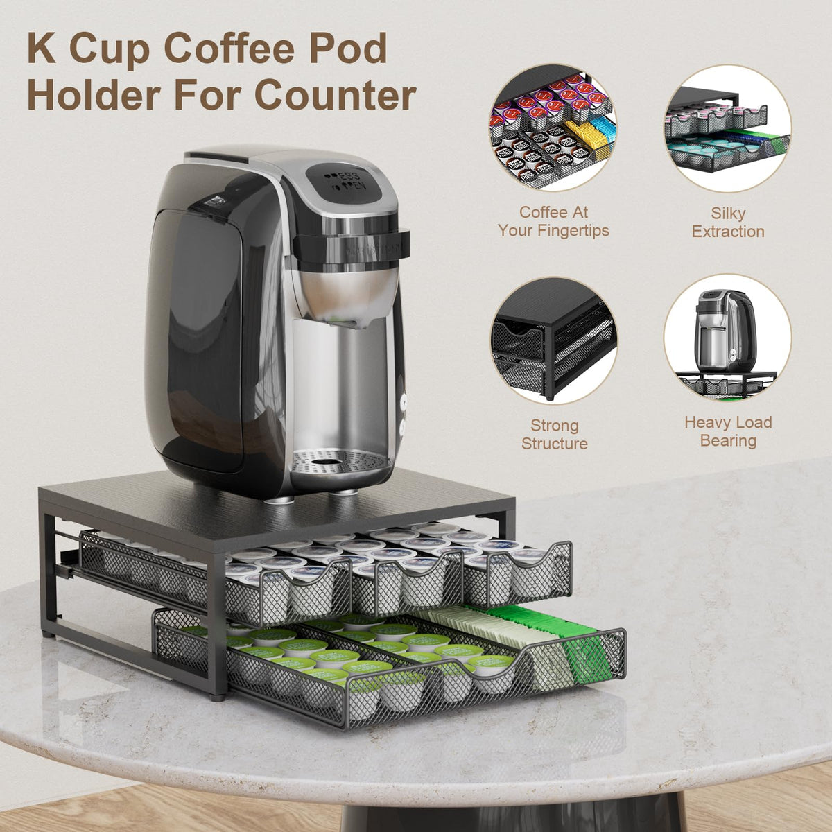 Coffee Pod Holder For Counter, 3 Pull-Out 72 K-Cup Holder Drawer, Wooden Cafe Pods Storage Organizer with Sliding Drawers for Coffee Station, Home, Kitchen, Office, Dorm, Black (Black)