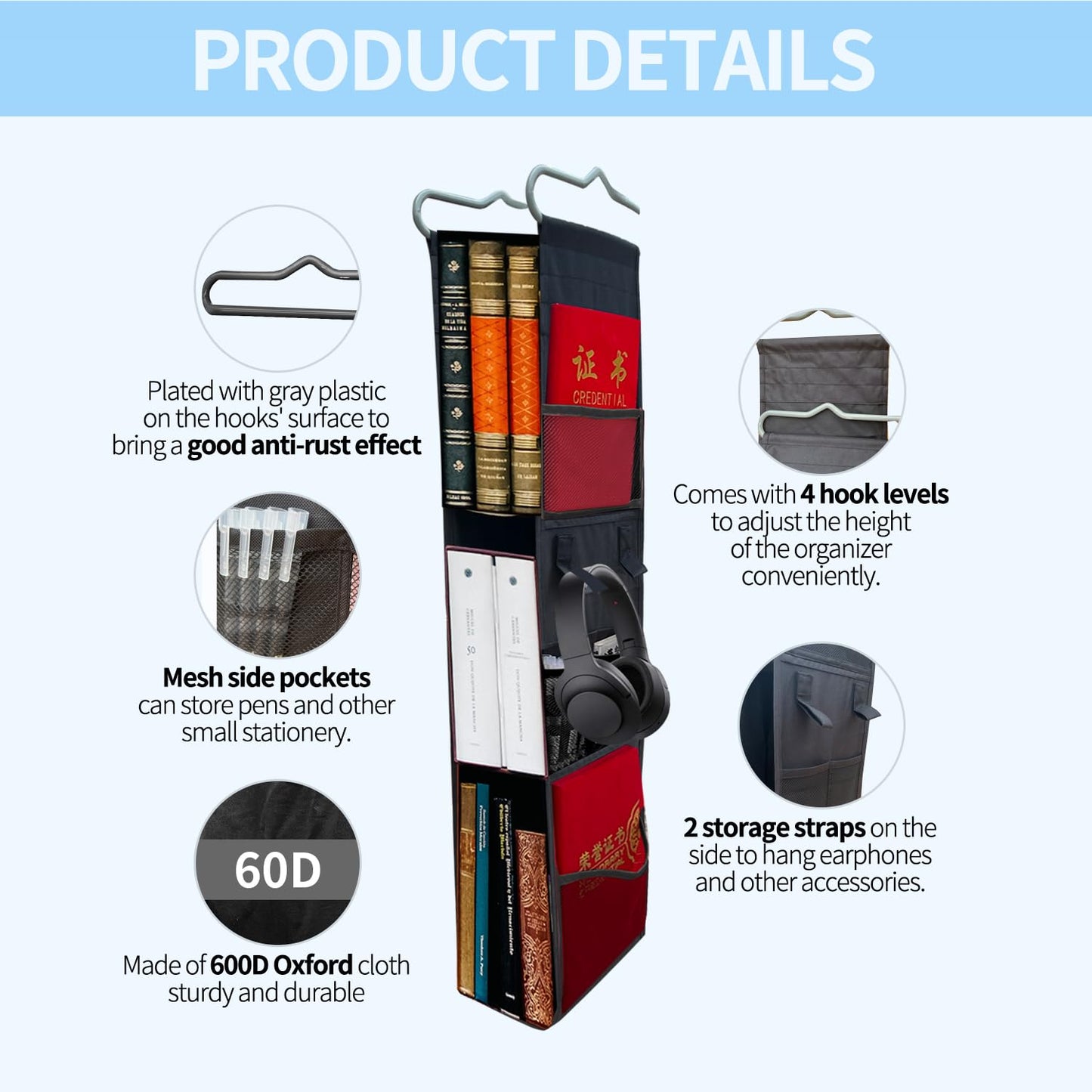 CATECASE Hanging Locker Organizer - 3 Shelf Adjustable Storage Solution for School, Work, Gym, and Closet - Easy to Install and Efficiently Organize Your Locker (Black)