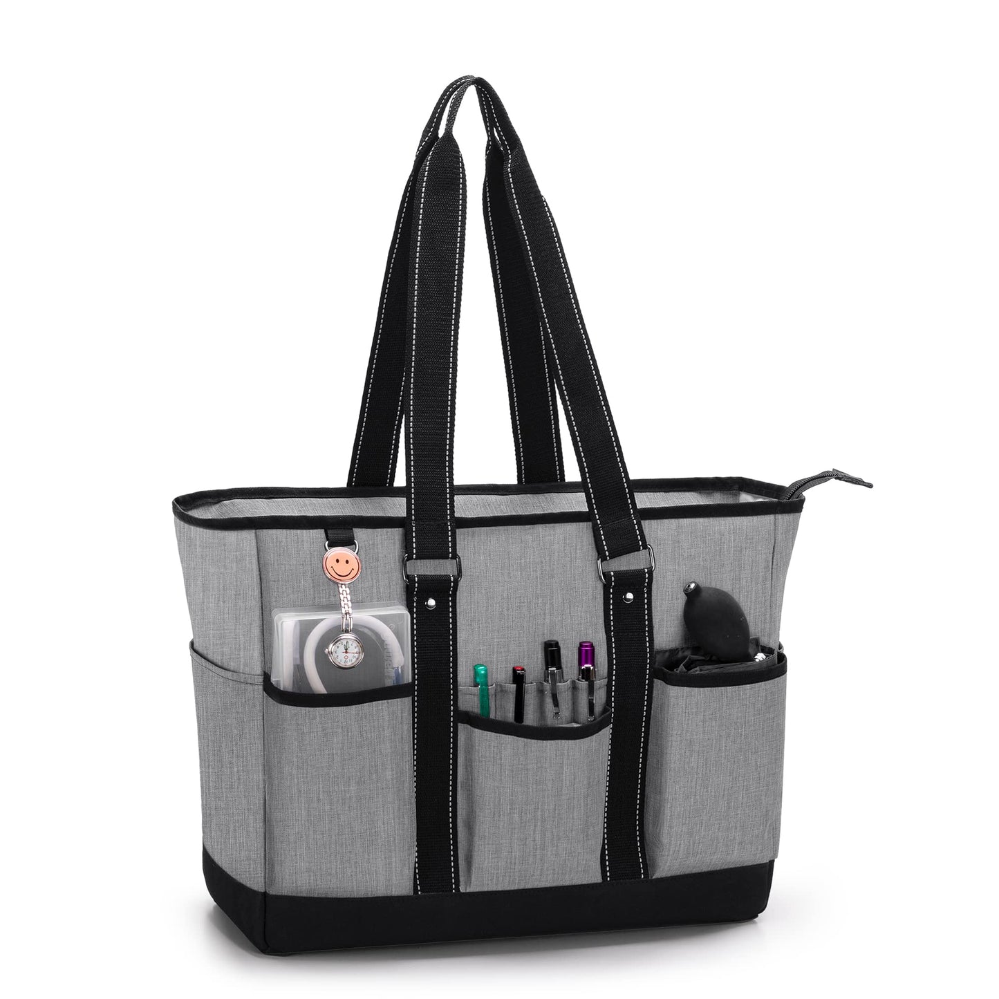 Damero Nurse Tote Bag with Padded Laptop Sleeve, Medical Nurse Utility Bag with Multiple Pockets for School, Work, Home Health Care, Gray