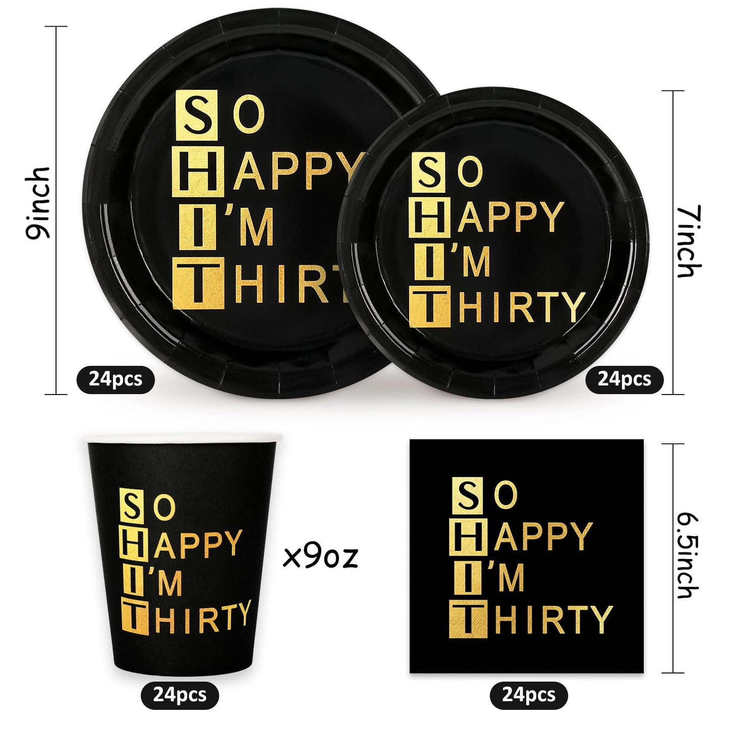 Whaline 96Pcs 30th Birthday Party Supplies Kit Black Gold Paper Tableware Plate Napkin Cup So Happy I'm Thirty Disposable Dinnerware Set for 24 Guests Party Table Decor