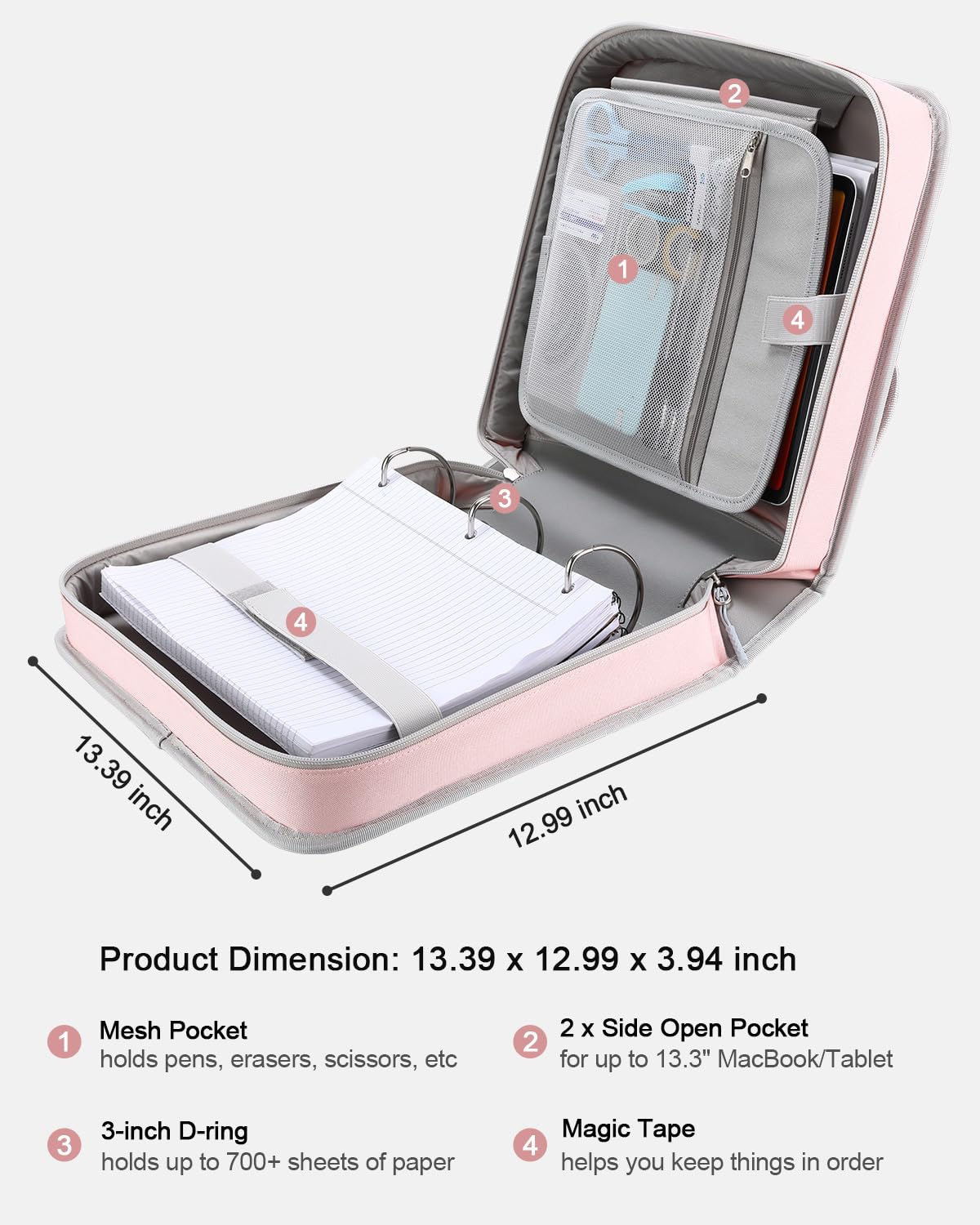 Banero 3" D-ring Zipper Binder with 700+ Sheets Capacity, 3-ring Zip Up Binder with Shoulder Strap for School, College, Office, Compatible with 13" MacBook & 12.9" Tablet (Light Pink)