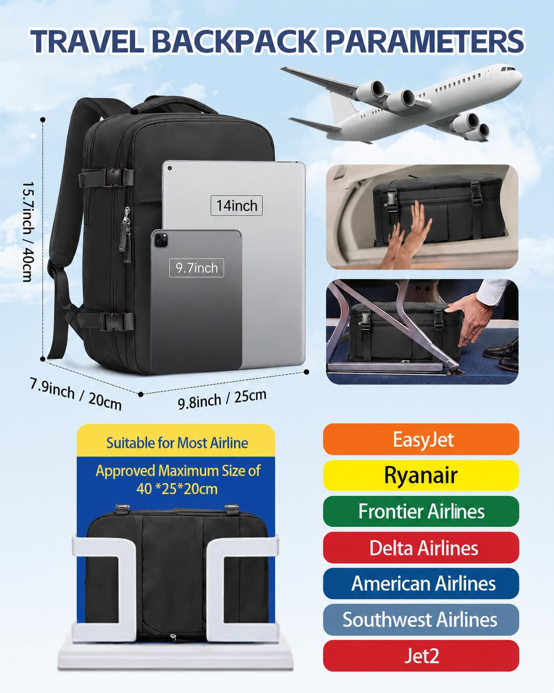 Travel Backpack Cabin Bag for Ryanair 40x20x25 Carry on Luggage Backpack Personal Item Backpack for Women Lightweight Water-Resistant Daypack for Business Weekend Trip School Outdoor Rucksack