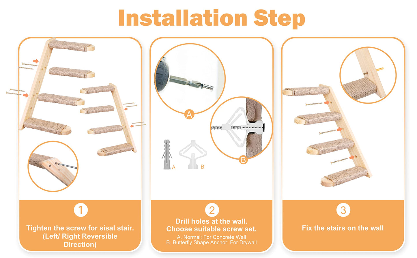 PELUOMOZ Cat Wall Shelves 2PCS Four Steps Reversible Left & Right Direction, Cat Shelf Stairway for Wall with Jute Scratching Ladder Cat Furniture for Perch Sleeping