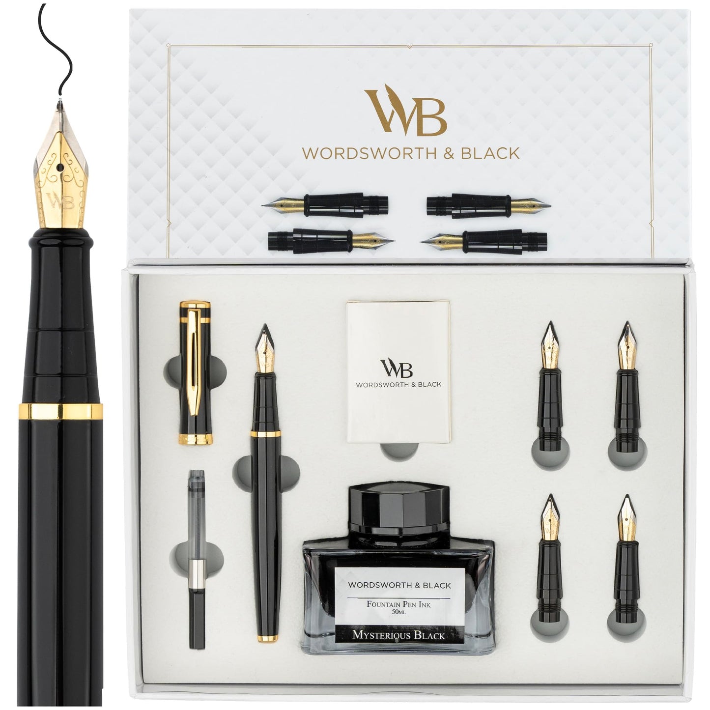 Wordsworth & Black Fountain Pen Gift Set, Includes Ink Bottle, 6 Ink Cartridges, Ink Refill Converter, 4 Replacement Nibs, Premium Package, Journaling, Calligraphy, Smooth Writing Pens [Black Gold]