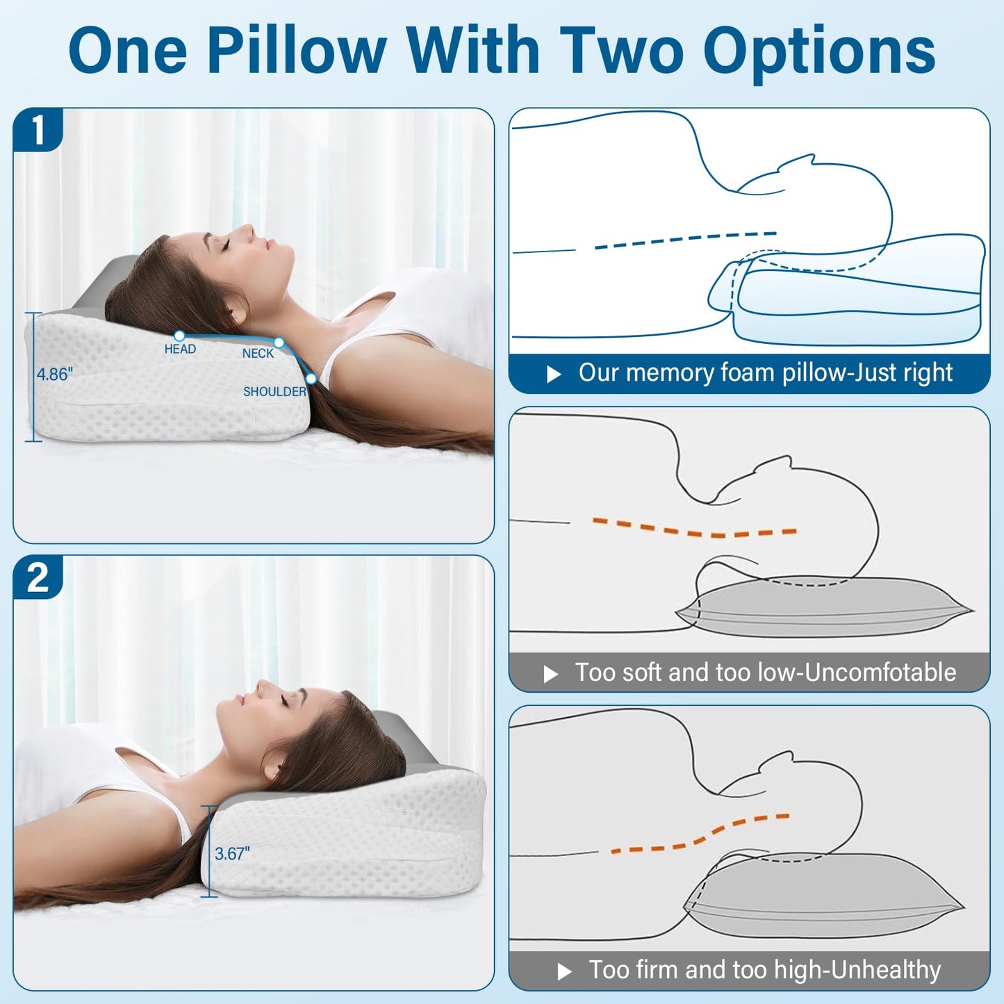 Ehomfory Memory Foam Pillow for Neck Pain Relief, Ergonomic Neck Pillow Cervical Pillow for Shoulder Pain, Cooling Bed Pillow for Side Back Stomach Sleepers - Gray