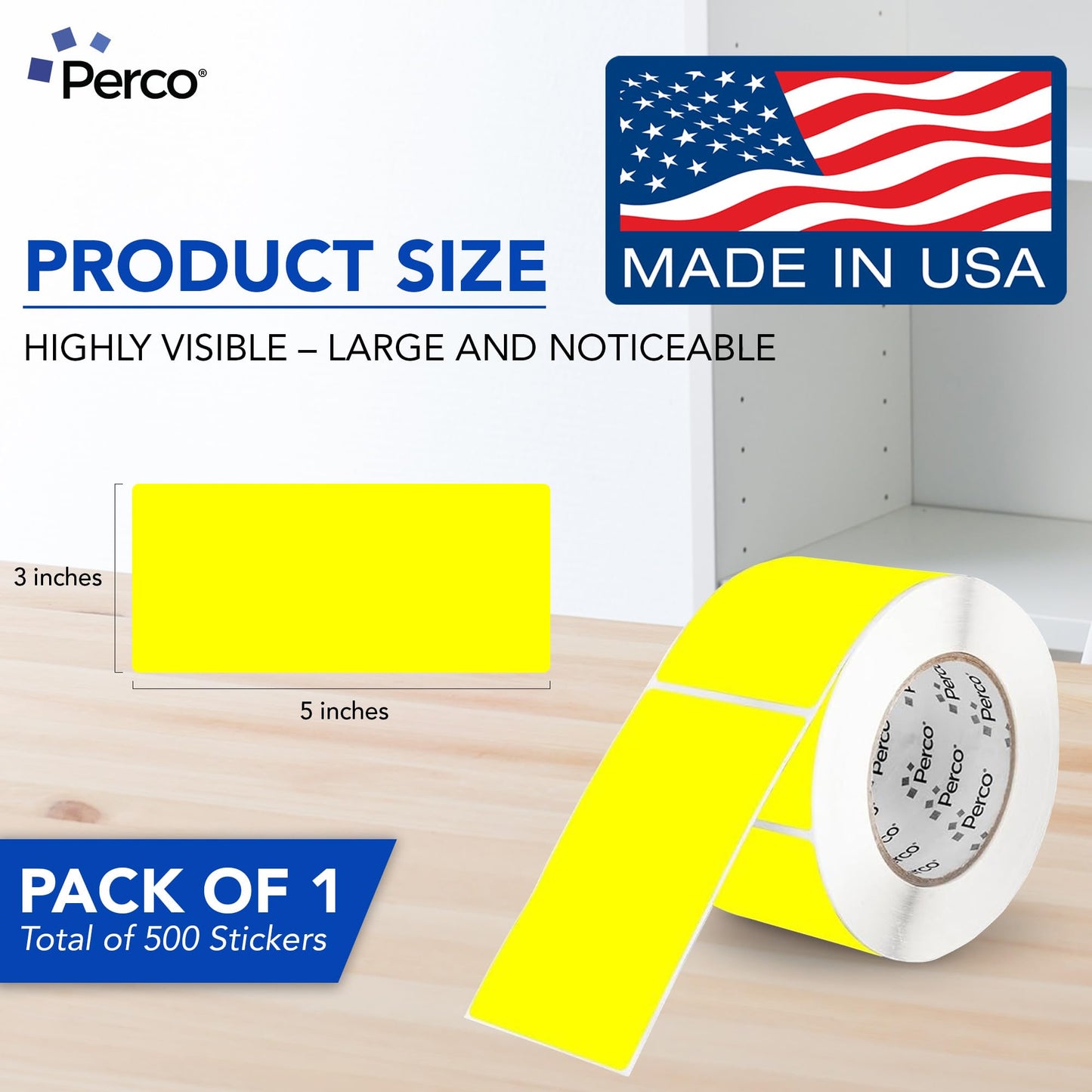 Perco Fluorescent Yellow Labels 7.6 cm x 12.7 cm 500 Stickers/Roll with Perforation for Easy Tear-Off and Strong Adhesion for Warning Labels, Shipping Notes, Reminders & Instructions — Made in USA