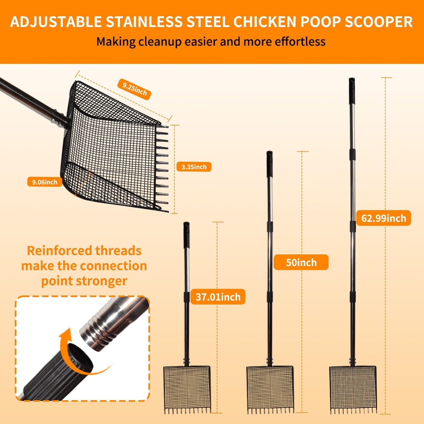 Chicken Poop Scooper & Rake 2-in-1 Metal Coop Shovel,Adjustable Stainless Steel Handle,Cleaning Tools for Chicken Coops & Farm Animals Scoop for Litter Scooper Sand Sifting Shovel Chicken Coops