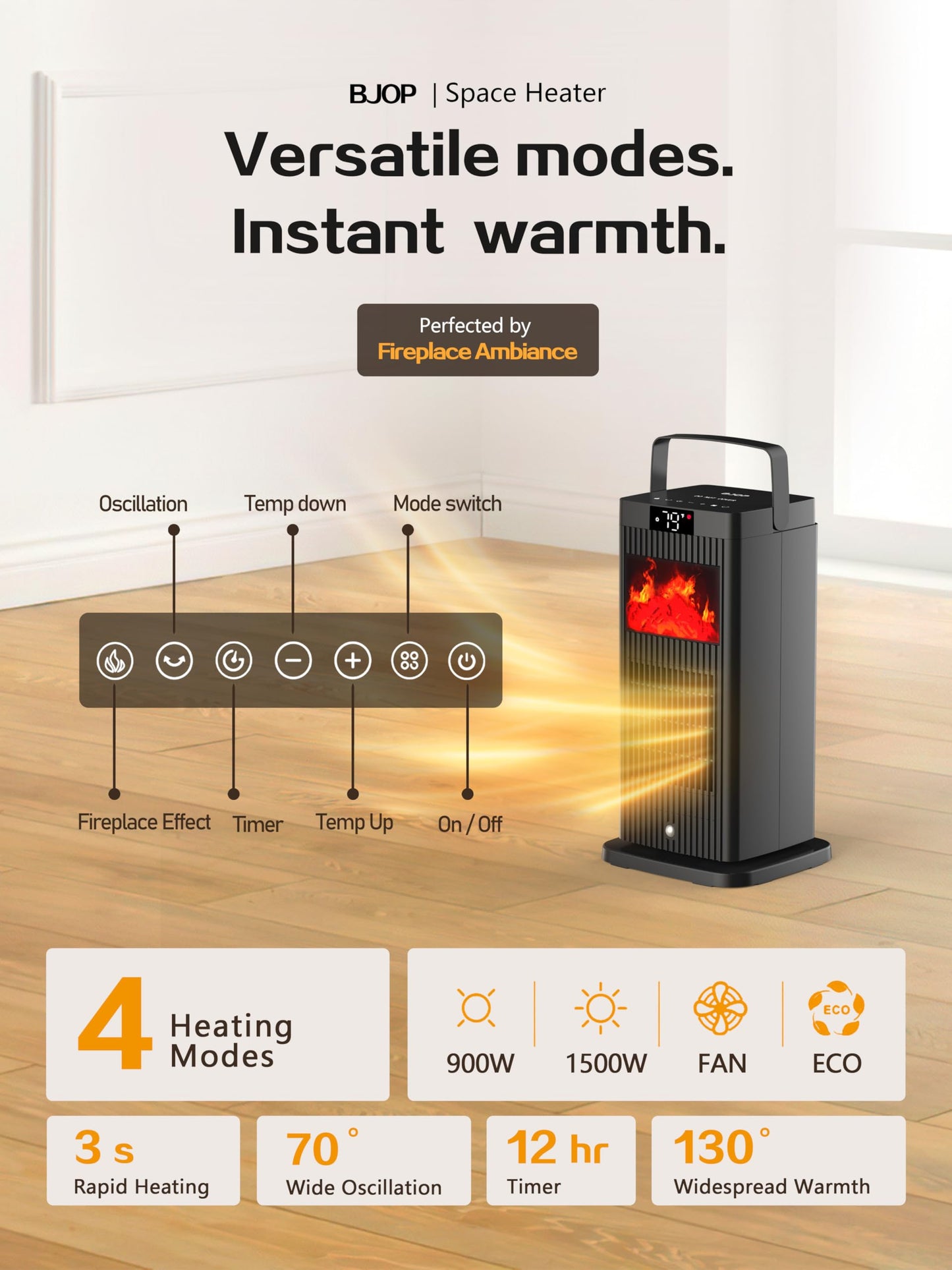 2026 New Version Space Heater, ETL & UL Certified Portable Space Heaters with Flame Effect 1500W Oscillating Electric PTC Ceramic Room Heater for Indoor Use,Bedroom,Office,Desk,Garage